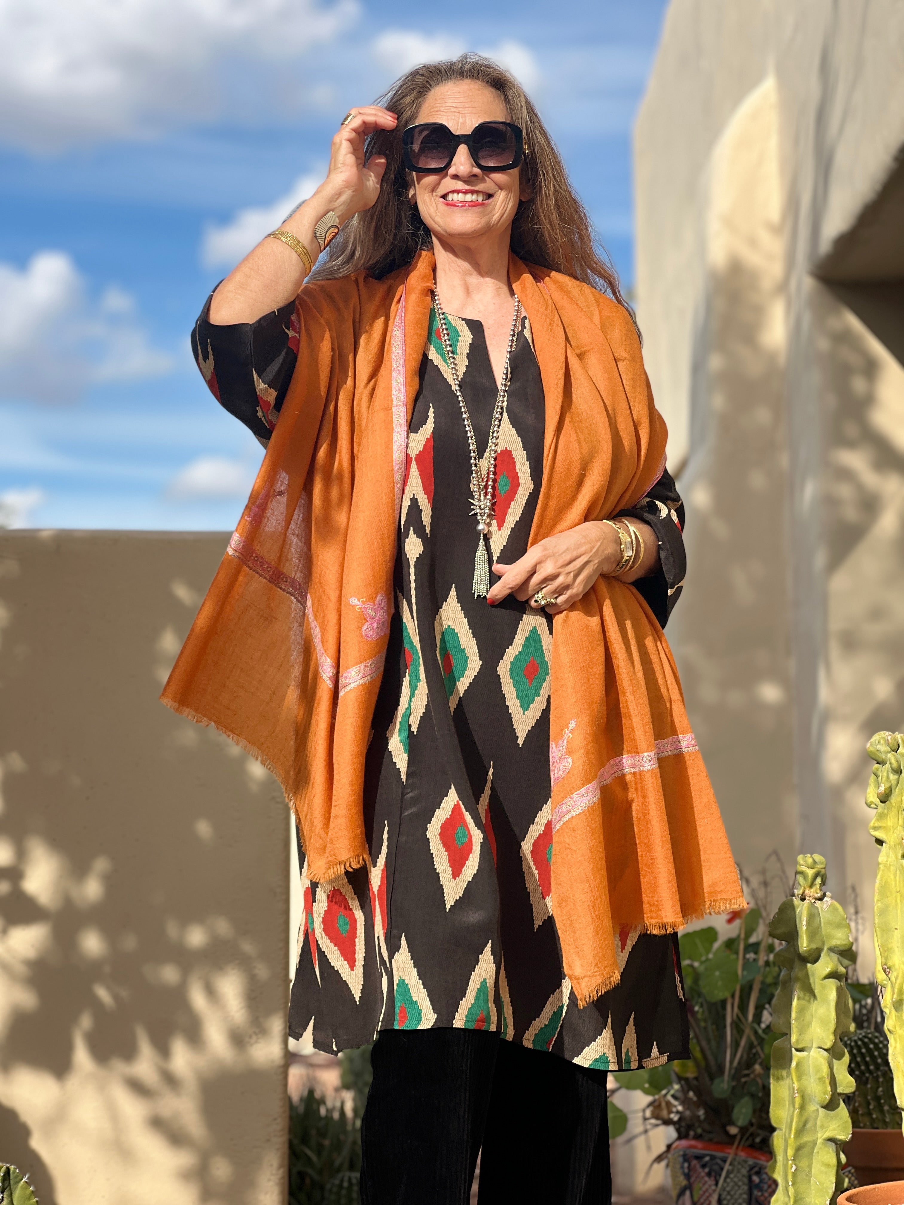 Orange Hand Embroidered Pashmina Shawl One of a Kind