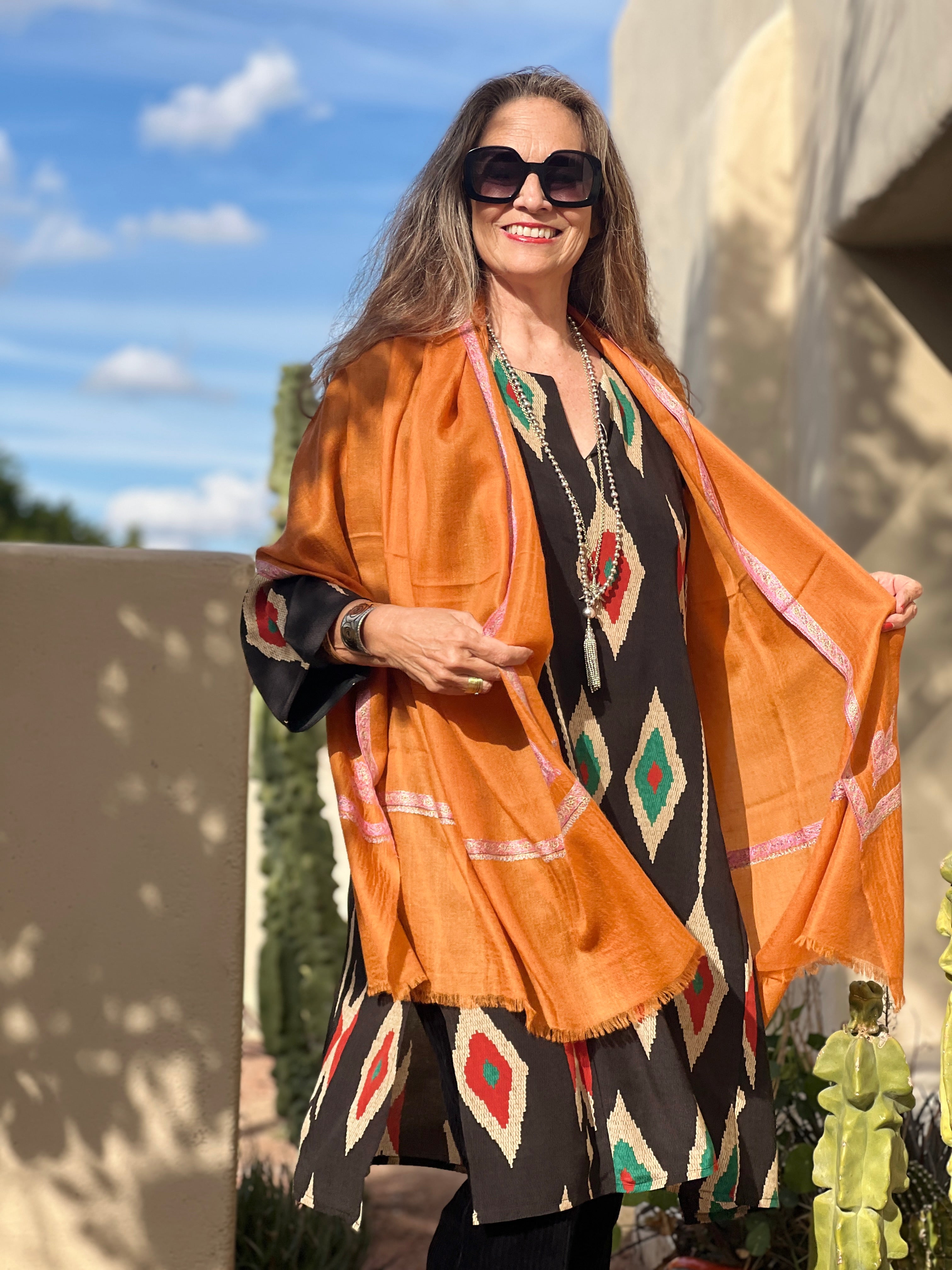 Orange Hand Embroidered Pashmina Shawl One of a Kind