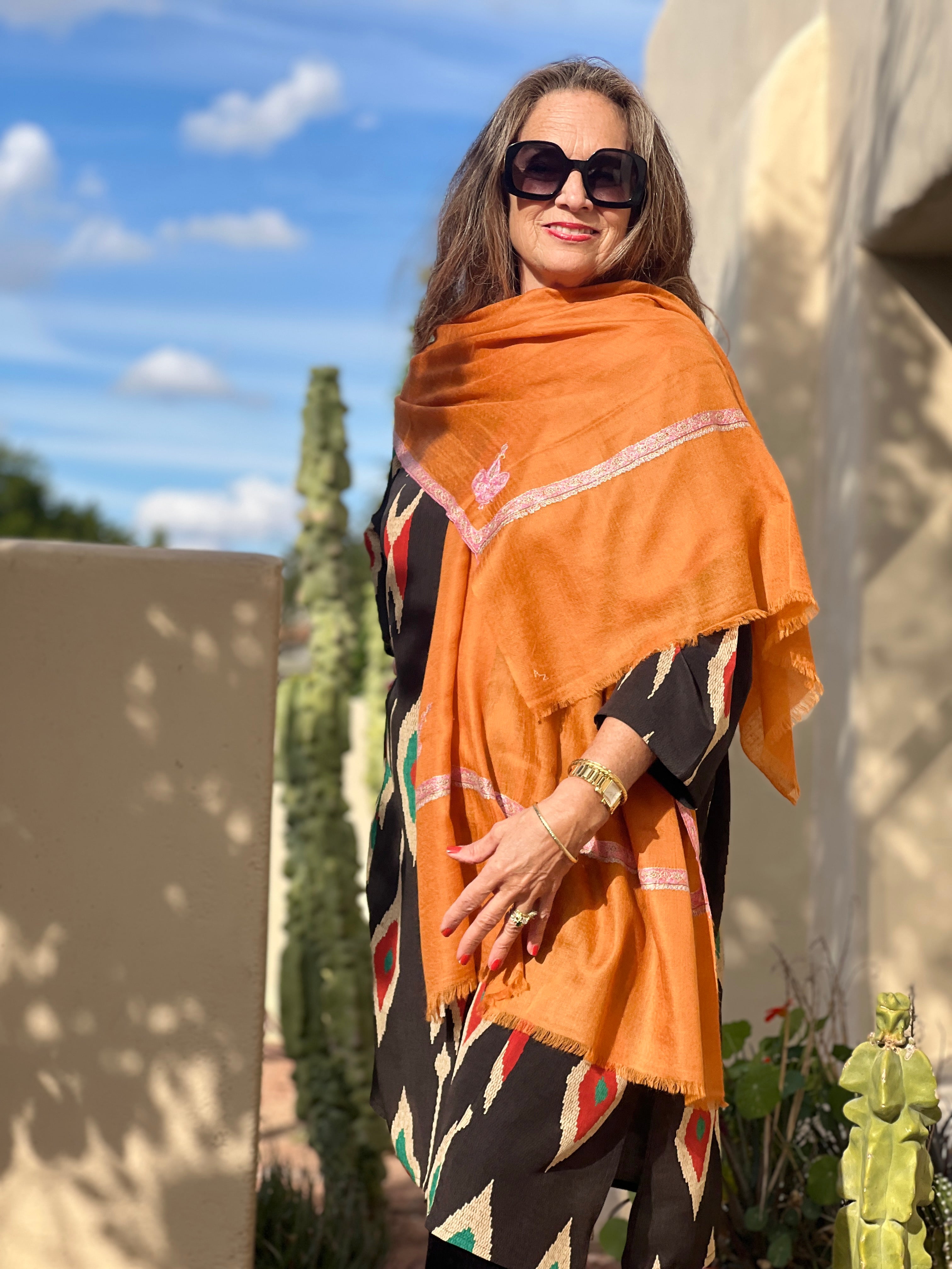 Orange Hand Embroidered Pashmina Shawl One of a Kind