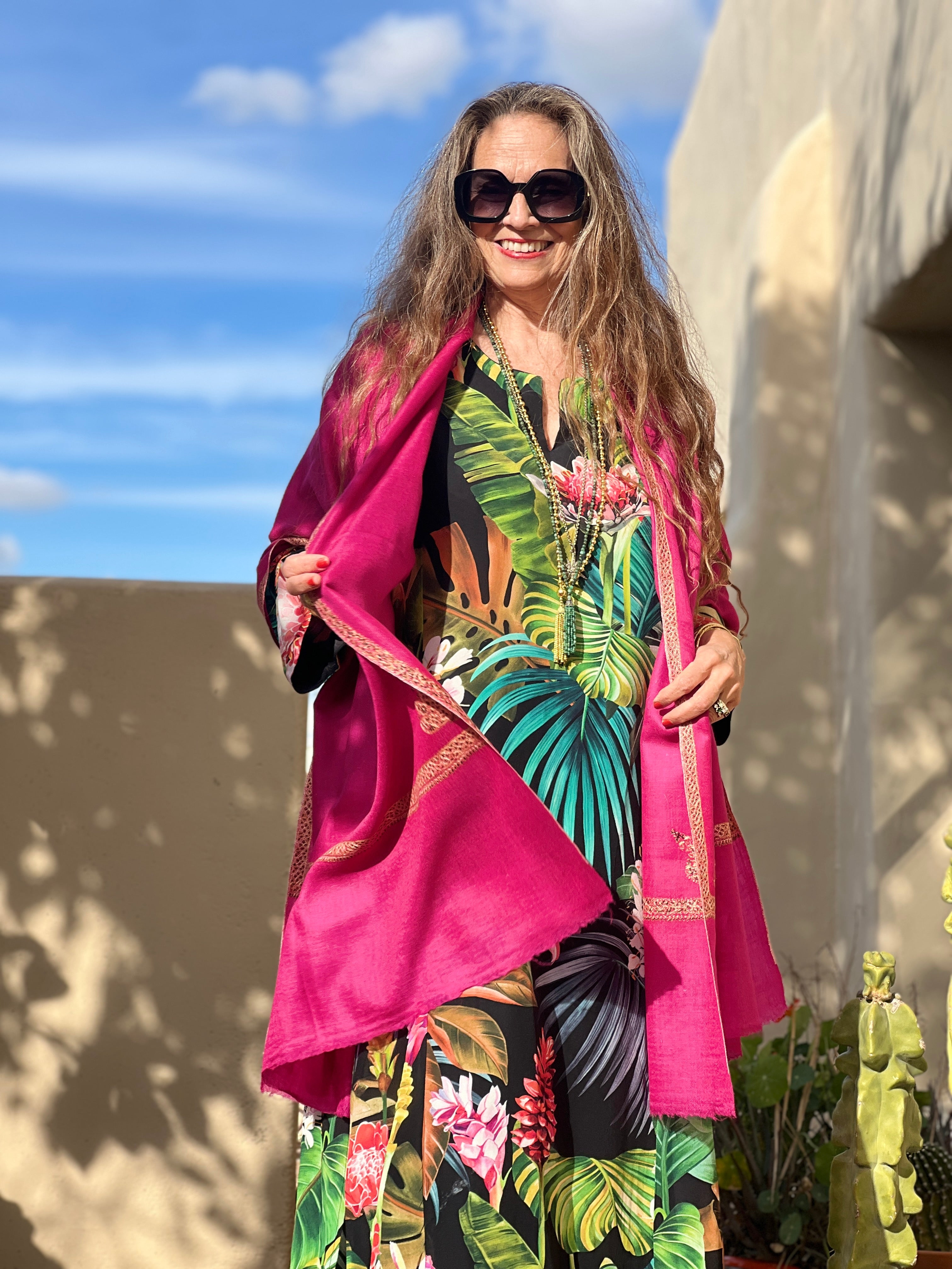 Fuchsia Hand Embroidered Pashmina Shawl One of a Kind