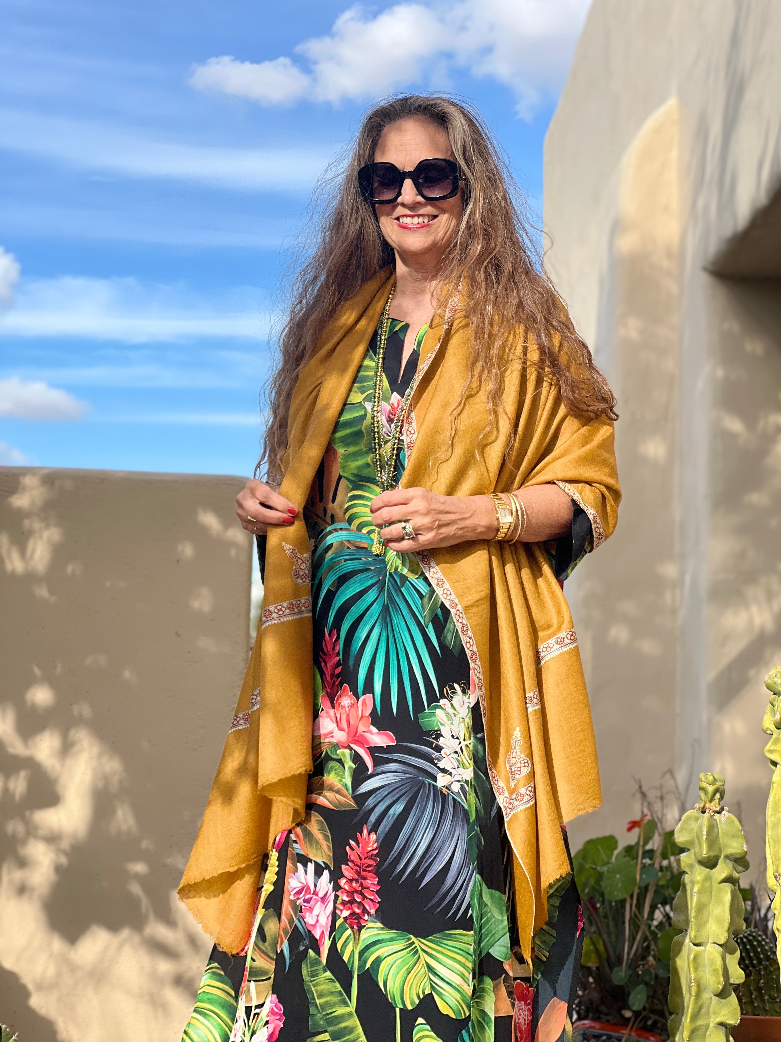 Gold Hand Embroidered Pashmina Shawl One of a Kind