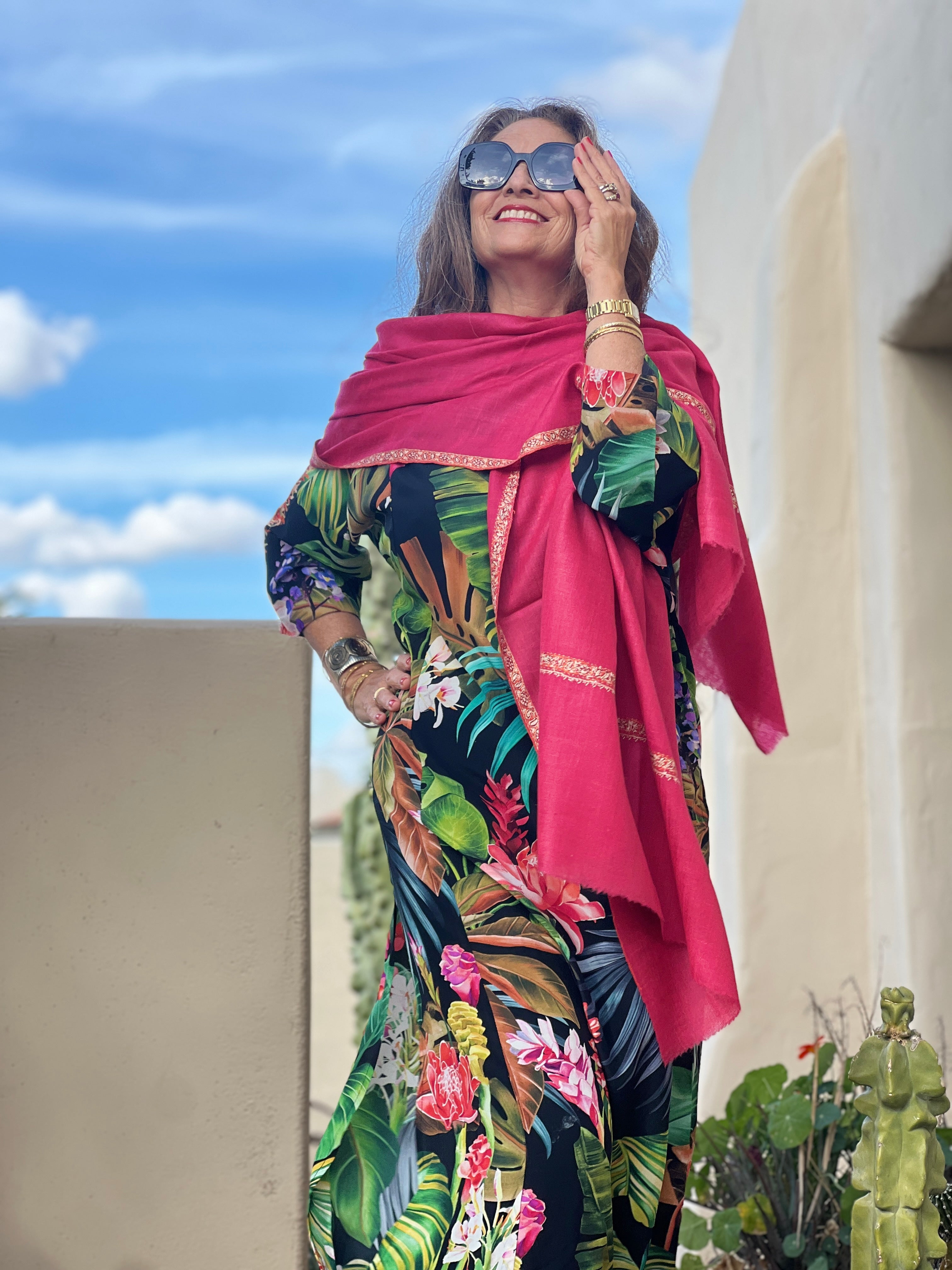 Camelia Pink Hand Embroidered Pashmina Shawl One of a Kind