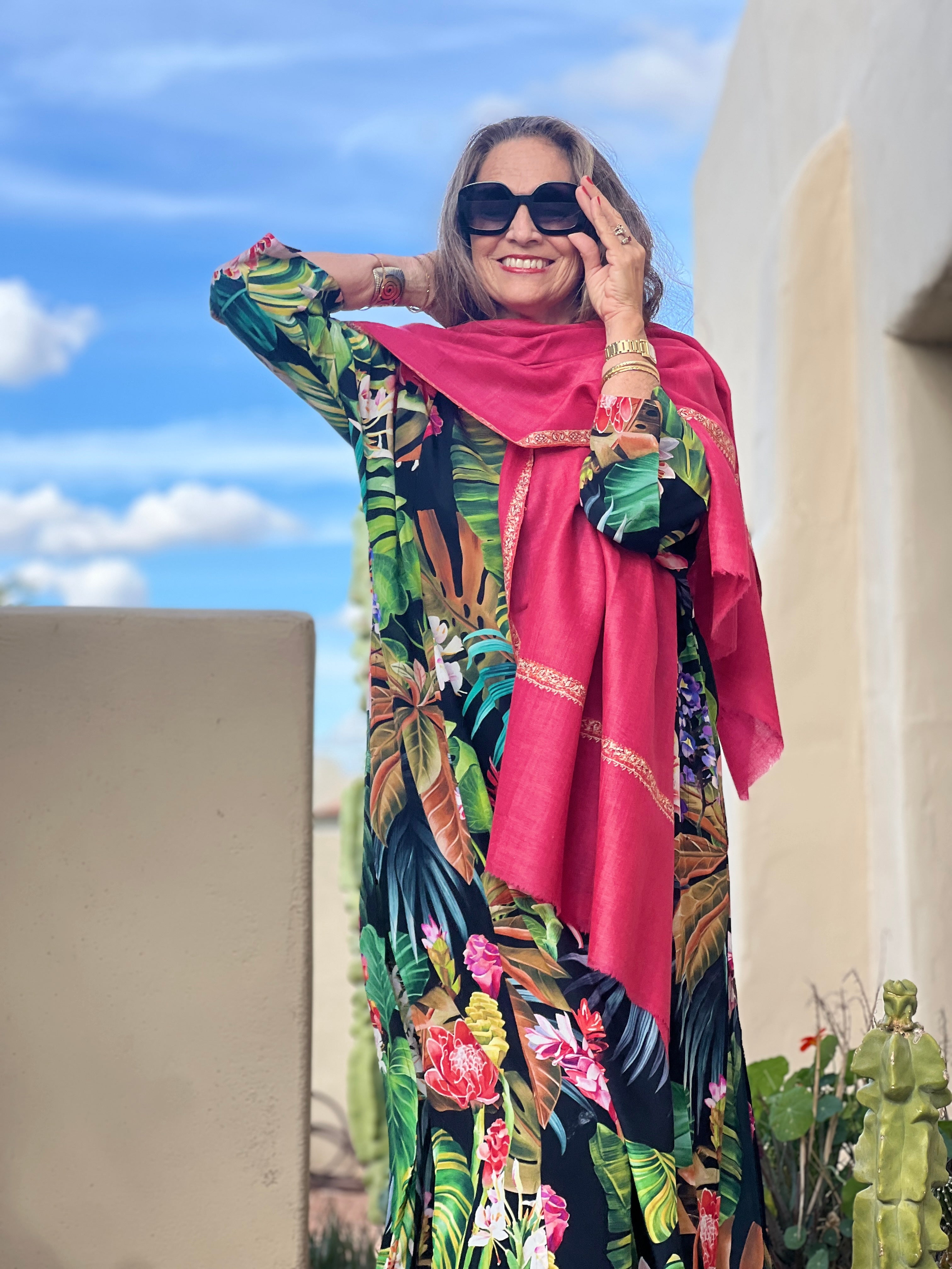 Camelia Pink Hand Embroidered Pashmina Shawl One of a Kind