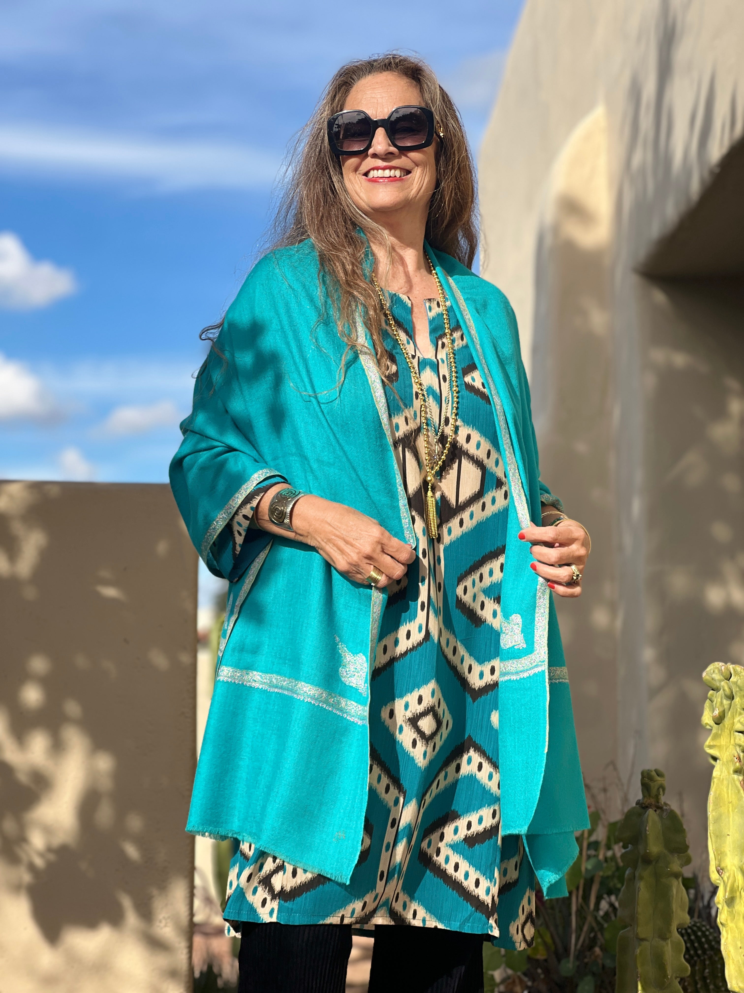 Turquoise Hand Embroidered Pashmina Shawl One of a Kind