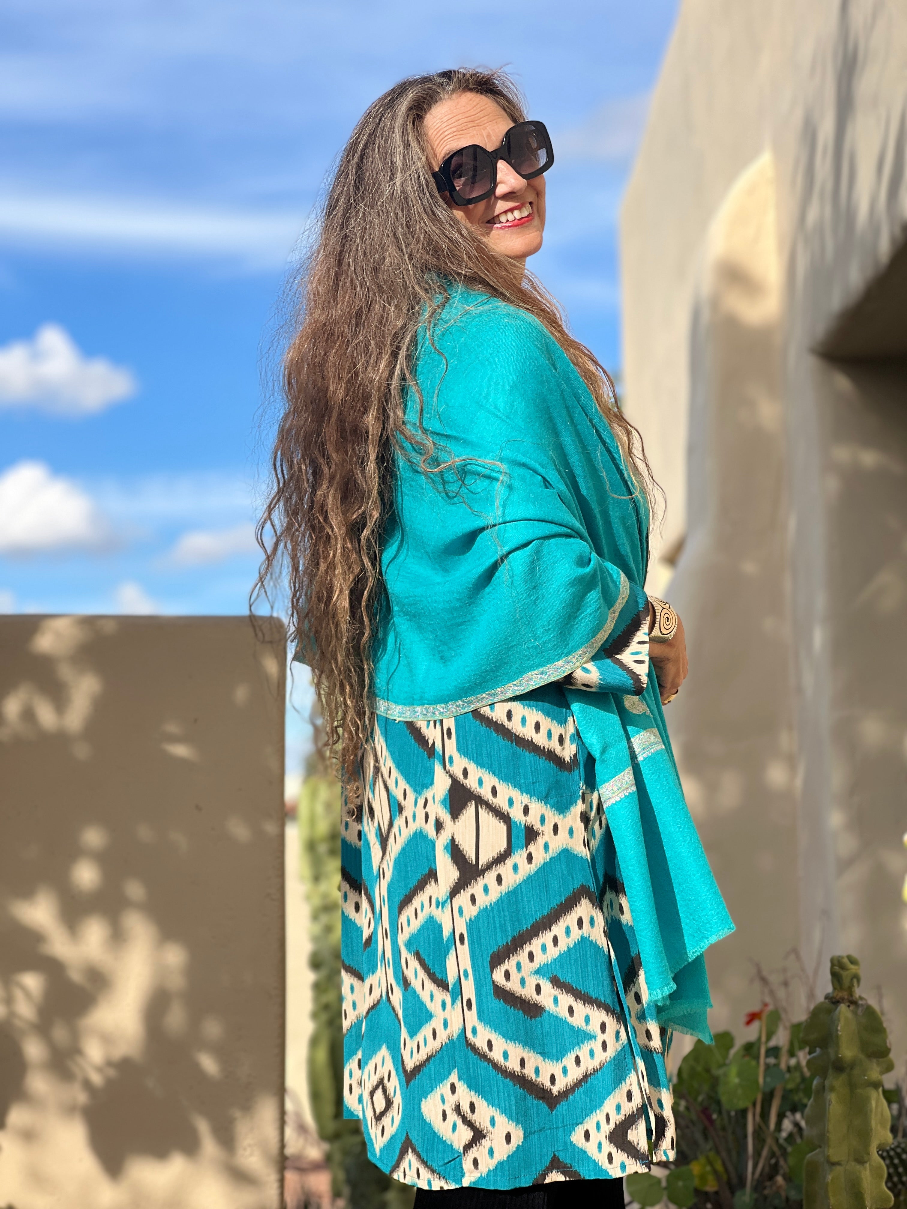 Turquoise Hand Embroidered Pashmina Shawl One of a Kind