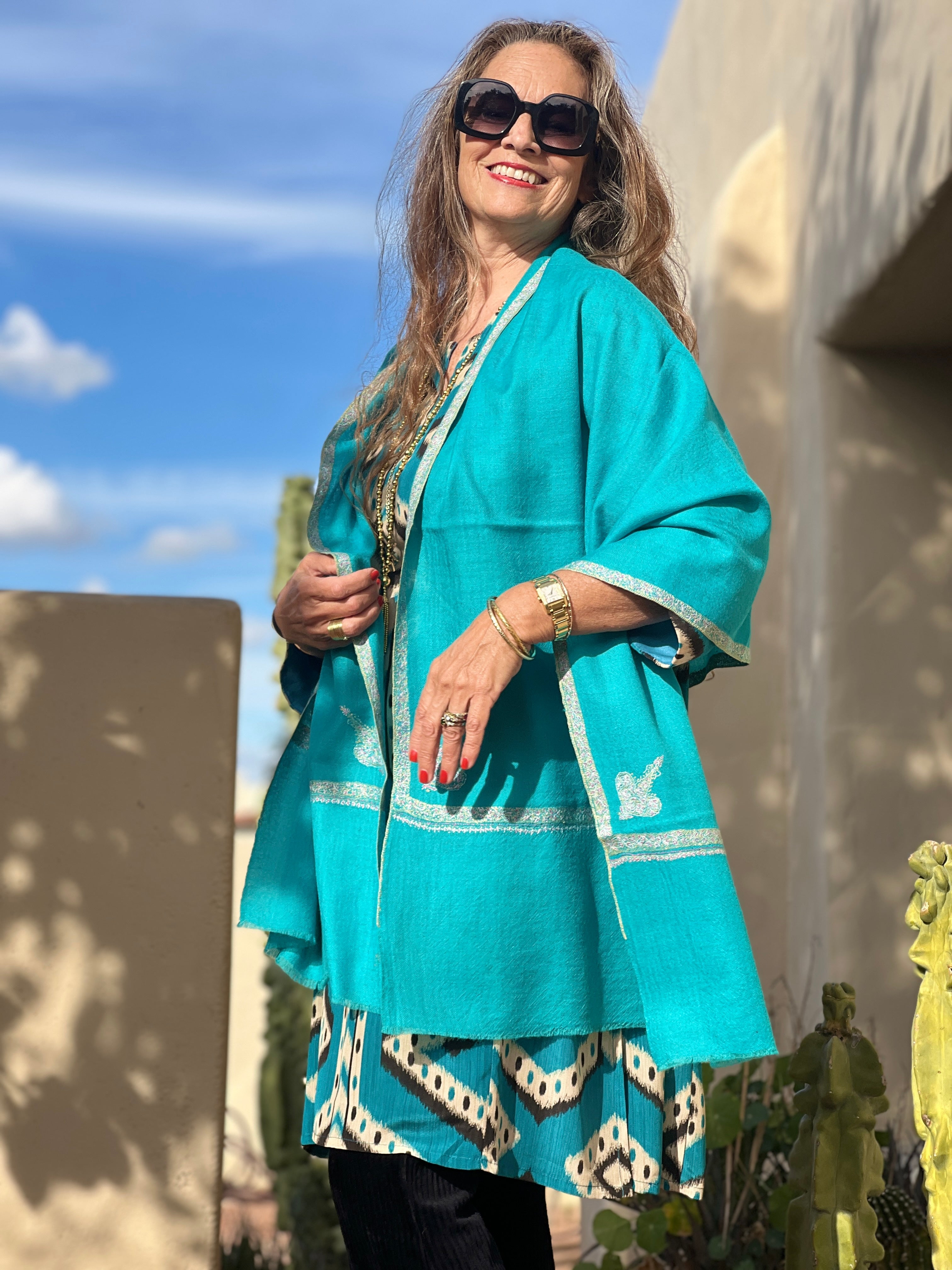 Turquoise Hand Embroidered Pashmina Shawl One of a Kind