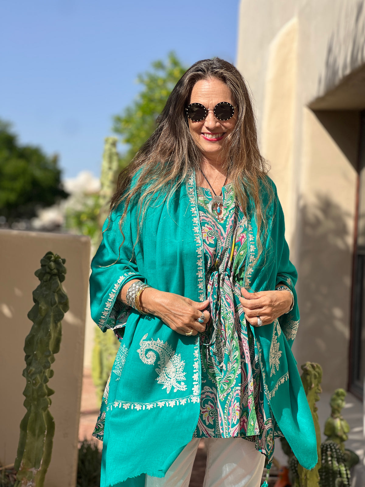 Caribbean Turquoise Kashmiri Pashmina Embroidered Shawl