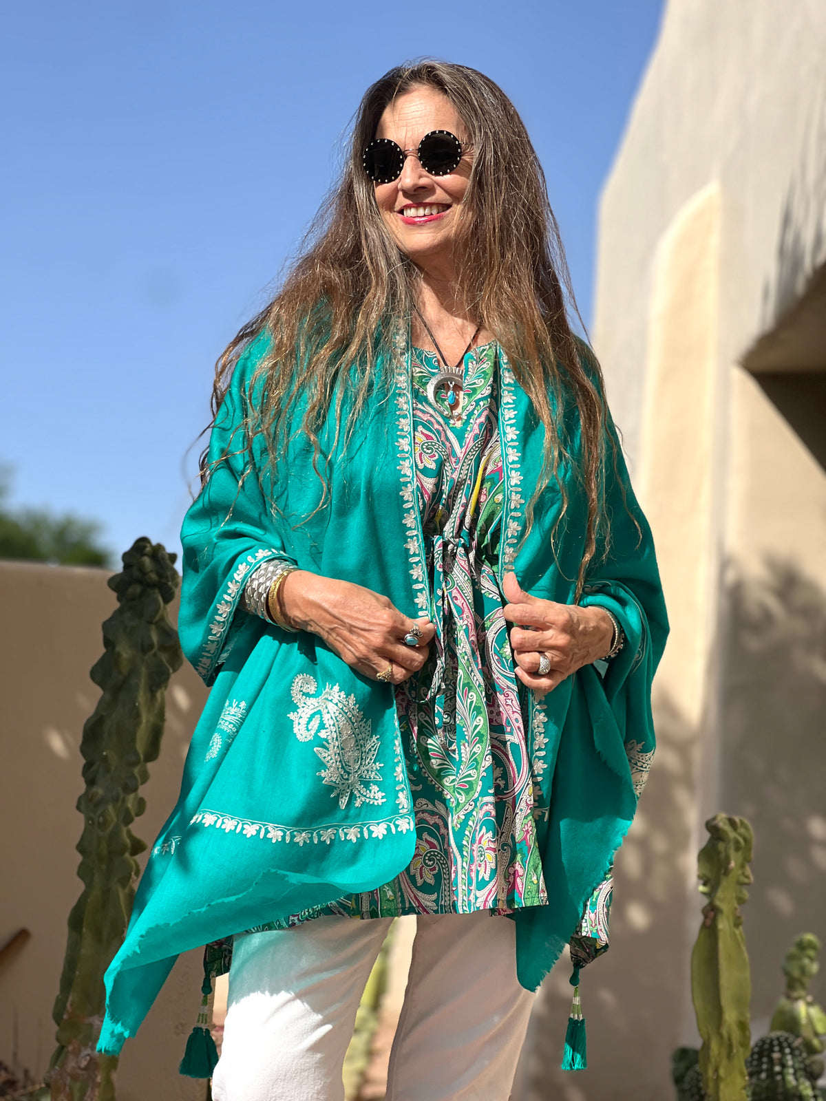 Caribbean Turquoise Kashmiri Pashmina Embroidered Shawl
