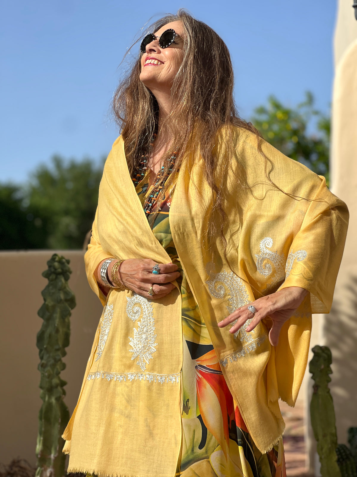 Butter Yellow Pashmina Shawl Silver Embroidery