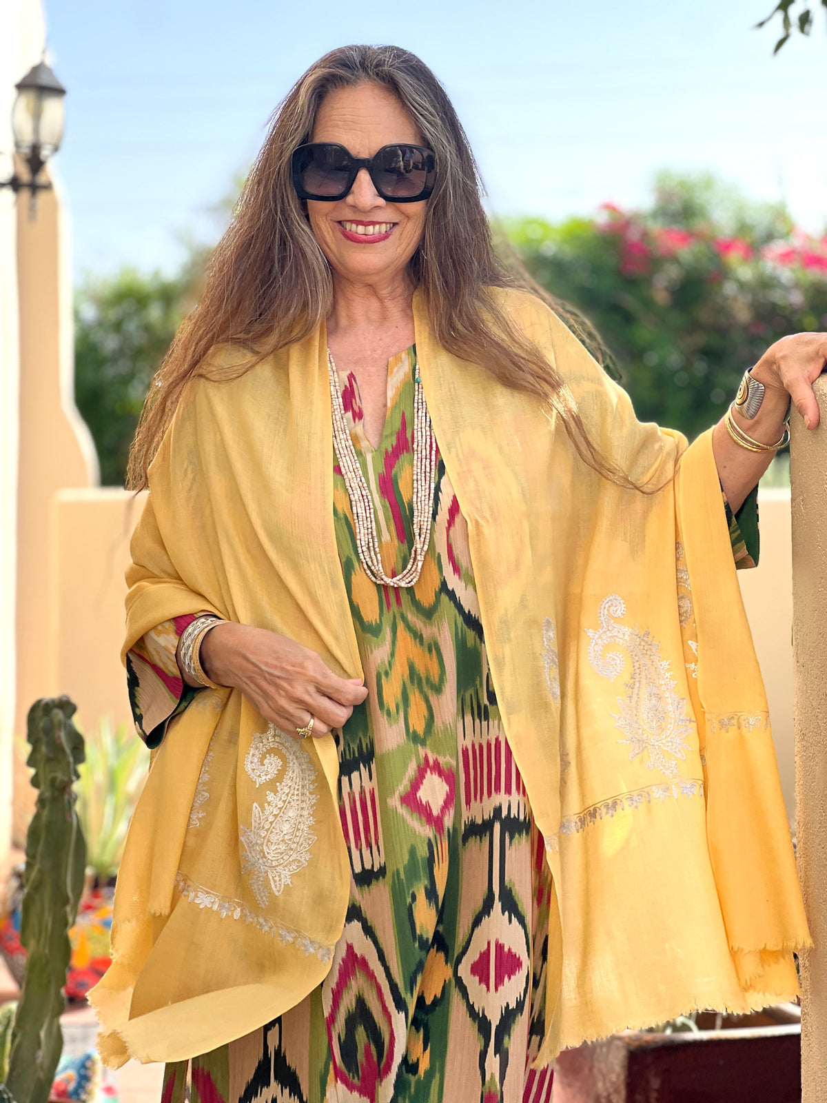 Butter Yellow Pashmina Shawl Silver Embroidery