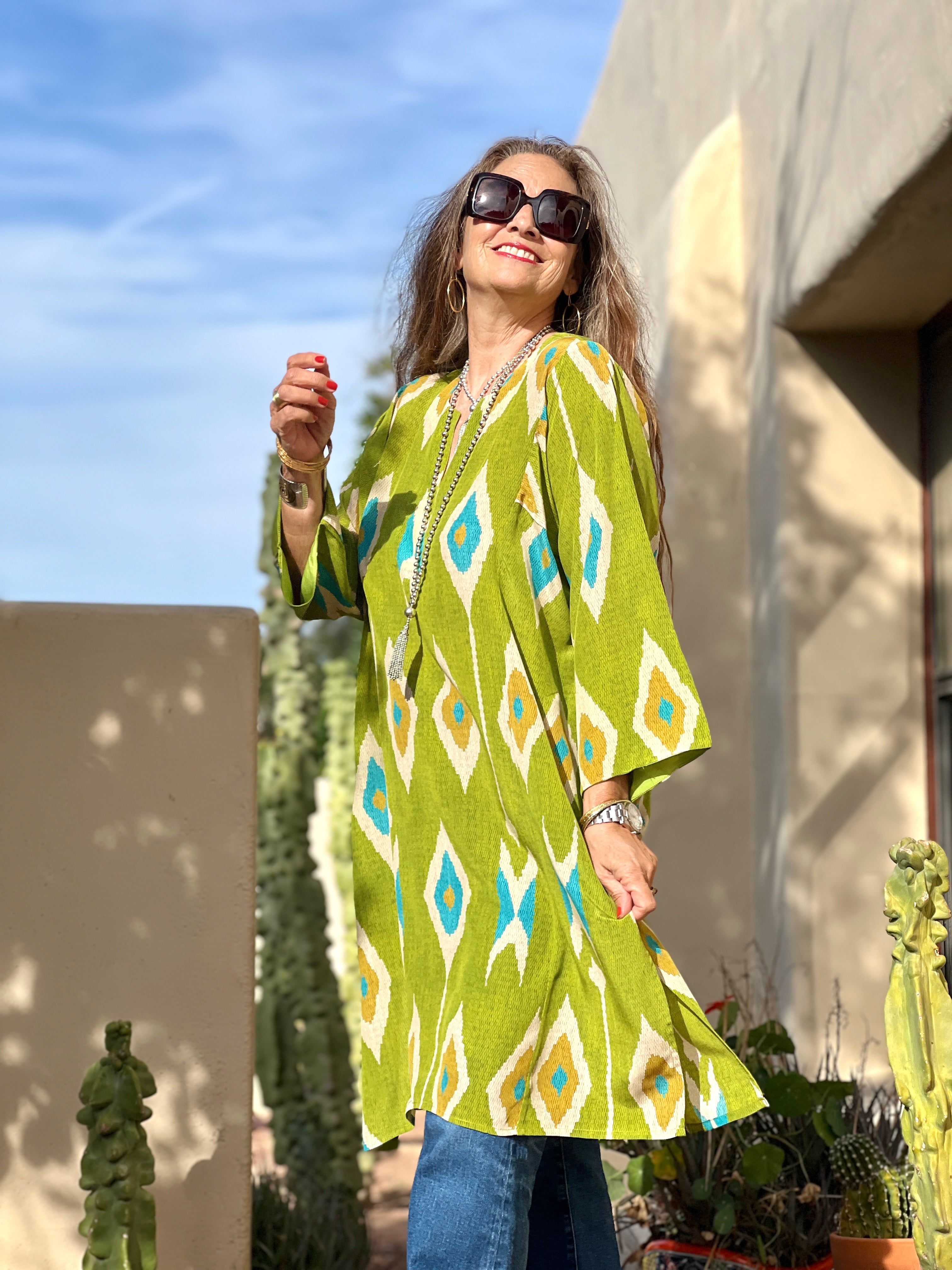Tashkent Lime Green Ikat Italian Silk Tunic