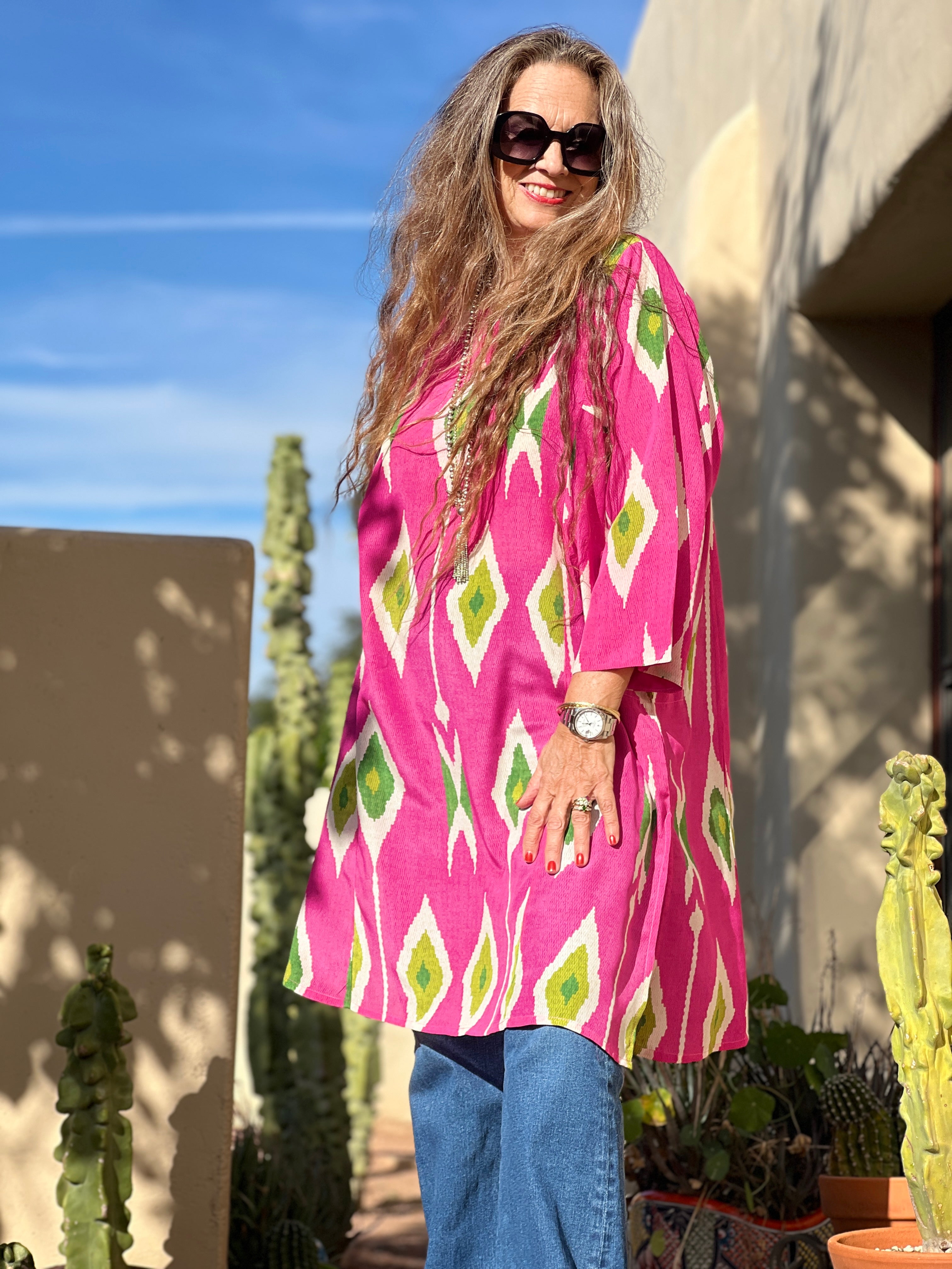 Tashkent Fuchsia Ikat Italian Silk Tunic