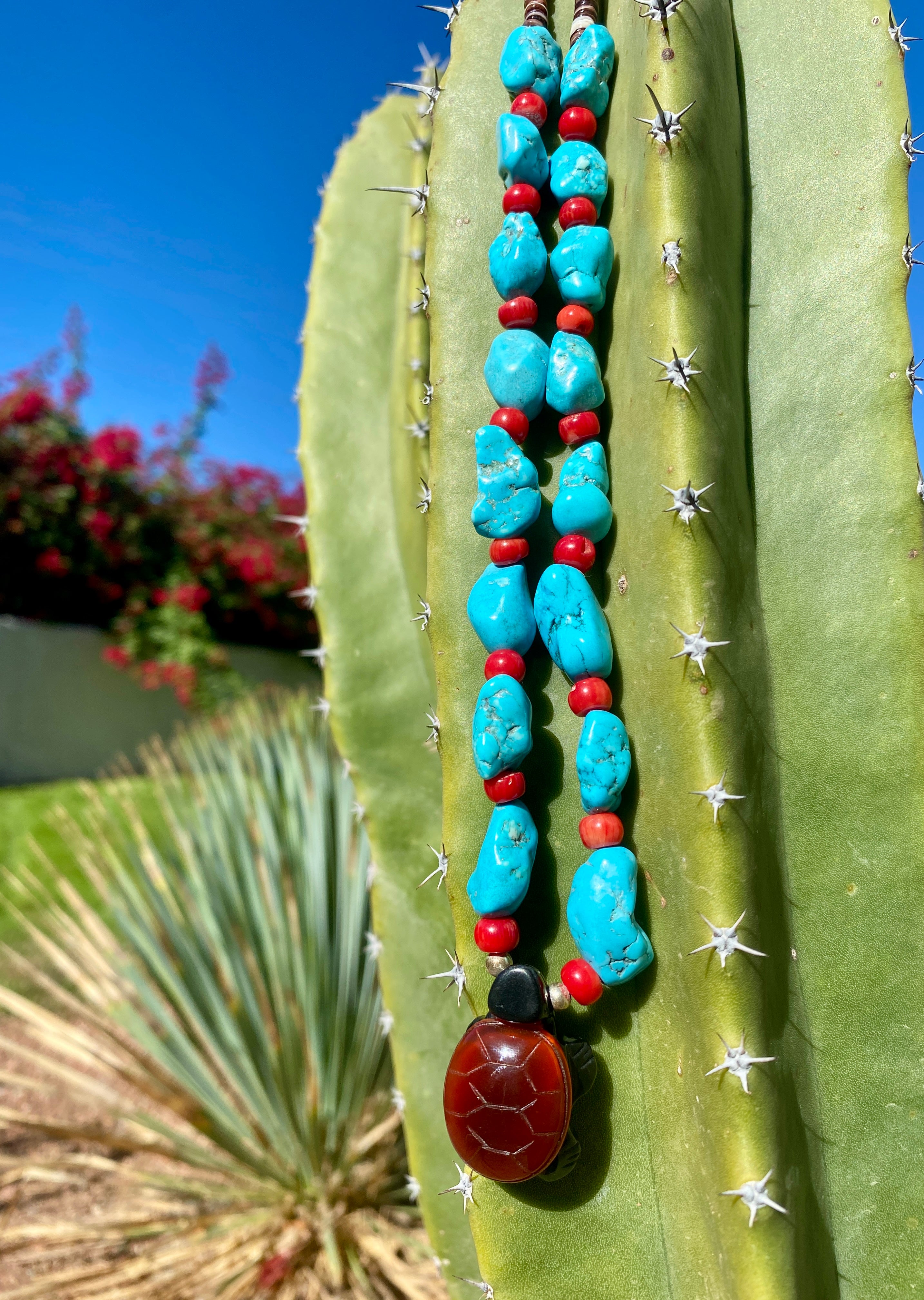 Turquoise, Coral, Heishi Shell, and Jasper Turtle Necklace