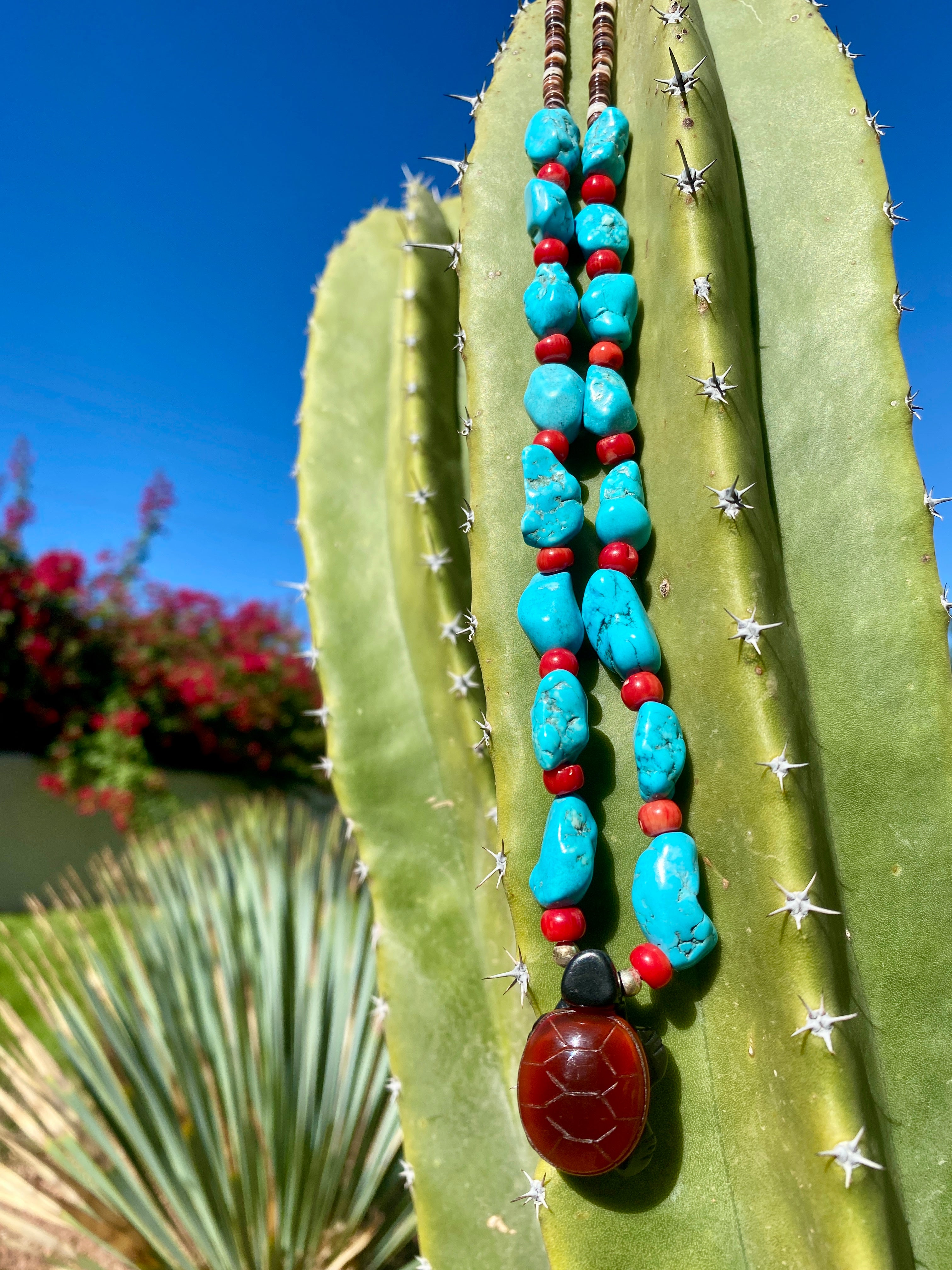 Turquoise, Coral, Heishi Shell, and Jasper Turtle Necklace