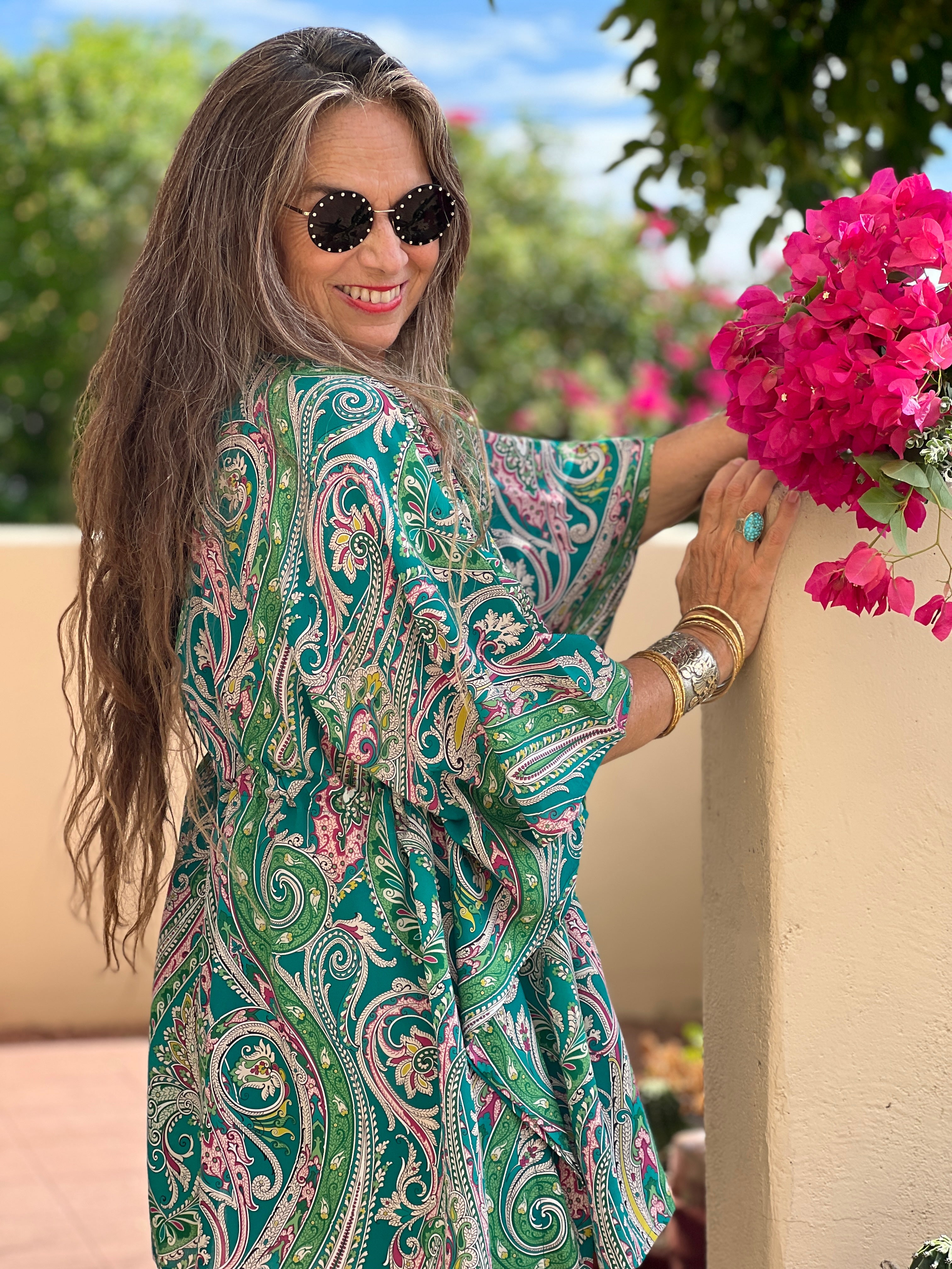 Teal Principessa Italian Silk Short Kaftan