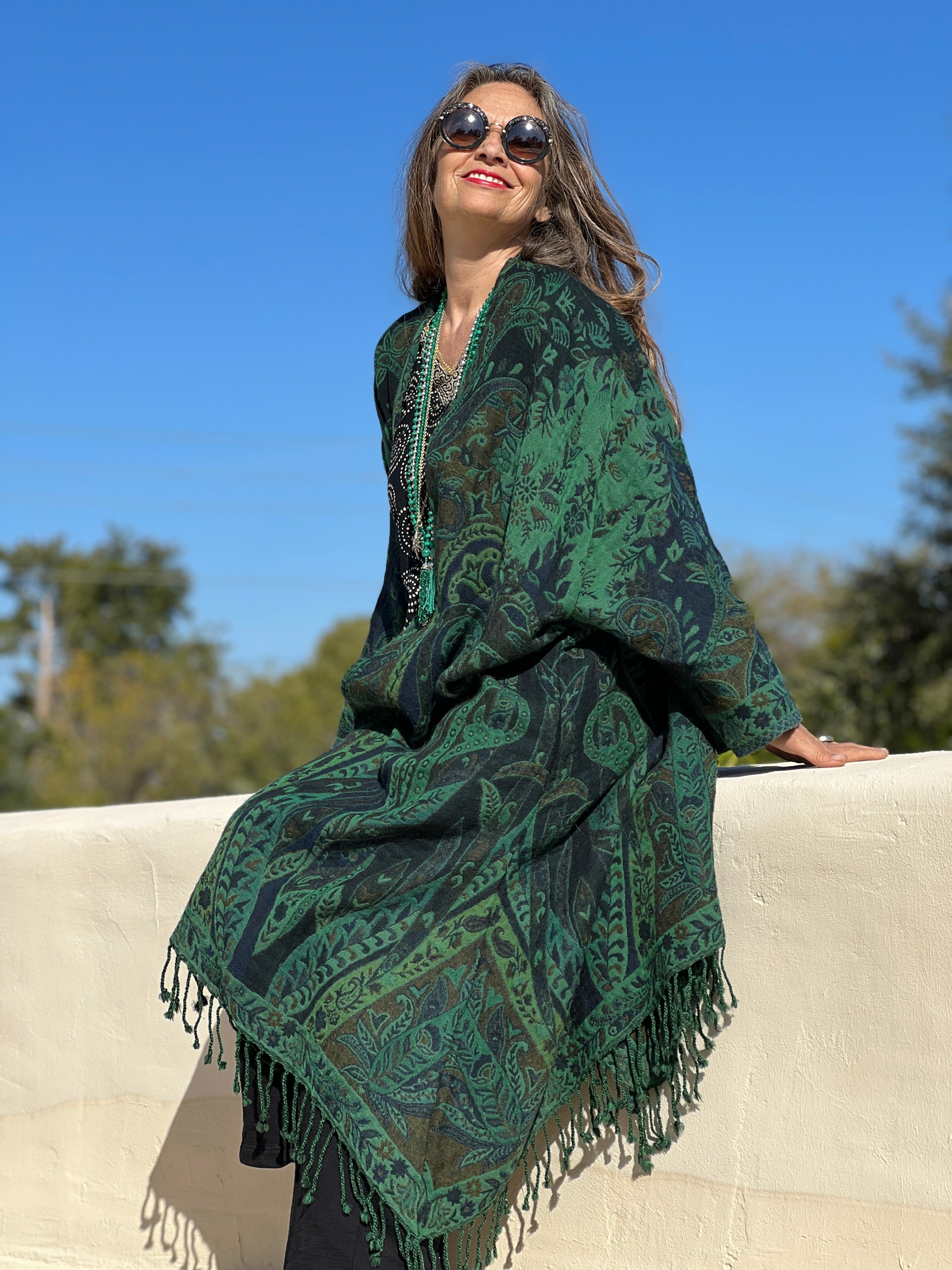 Pax Philomena Verde Verdi Green Paisley Kimono Coat Reversible