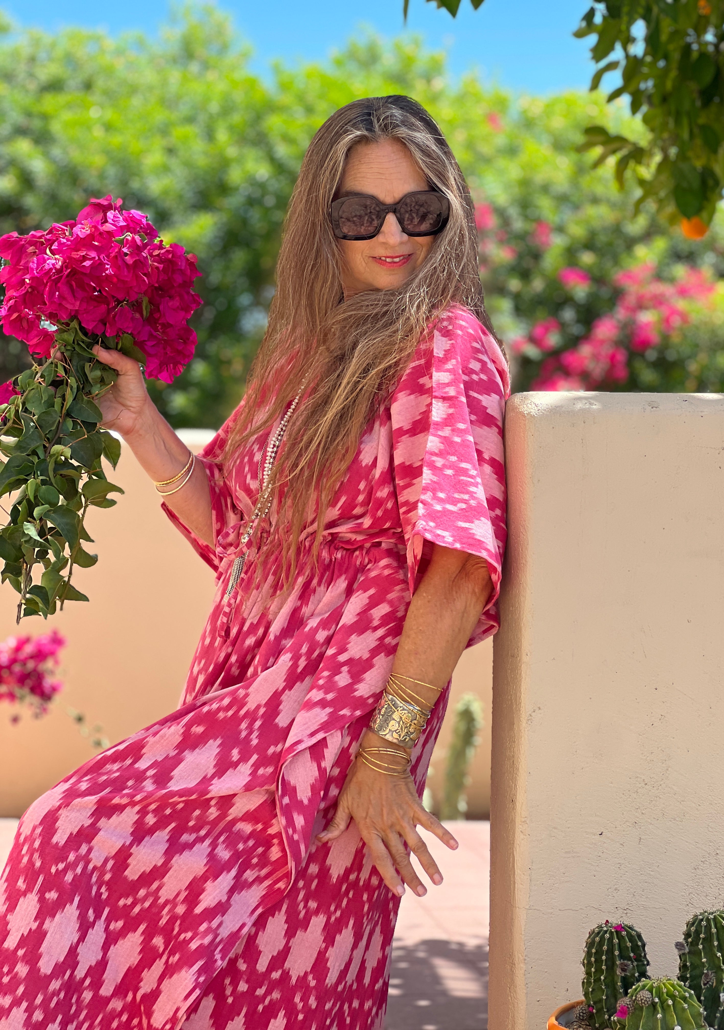 Ipanema Ikat Pink Maxi Kaftan Dress
