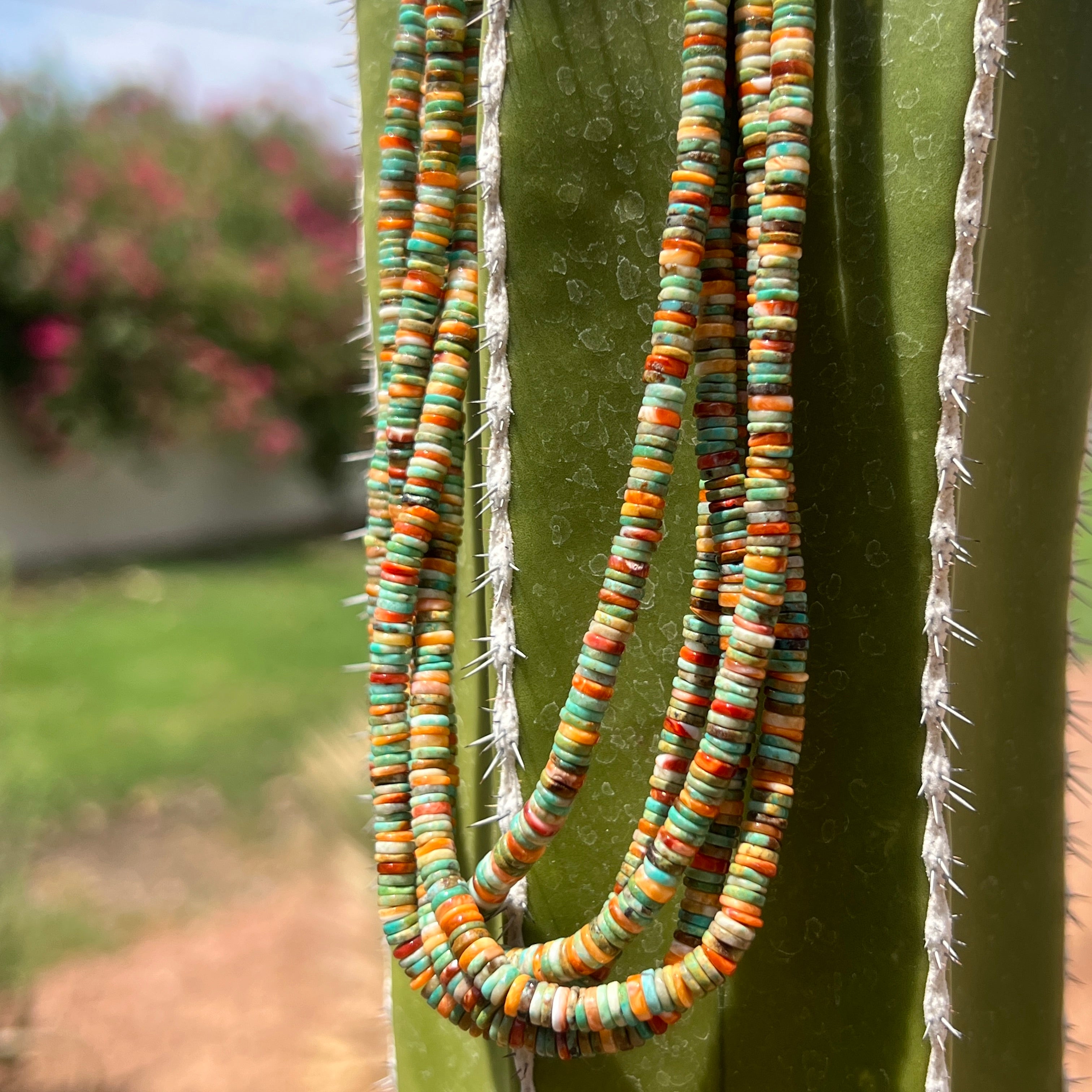 Kingman Turquoise and Spiny Oyster Heishi Necklace Santo Domingo