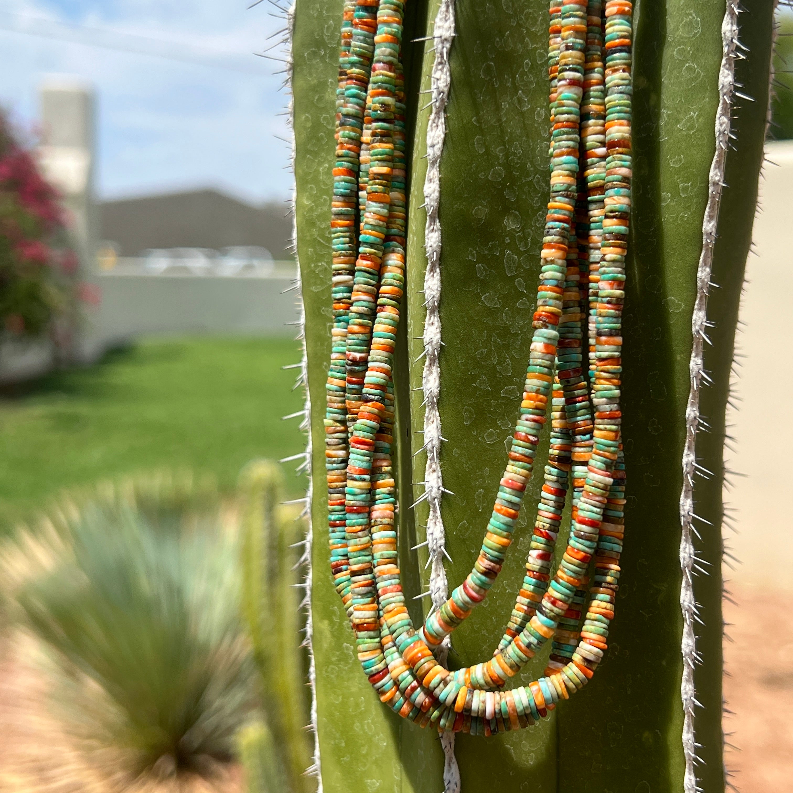 Kingman Turquoise and Spiny Oyster Heishi Necklace Santo Domingo