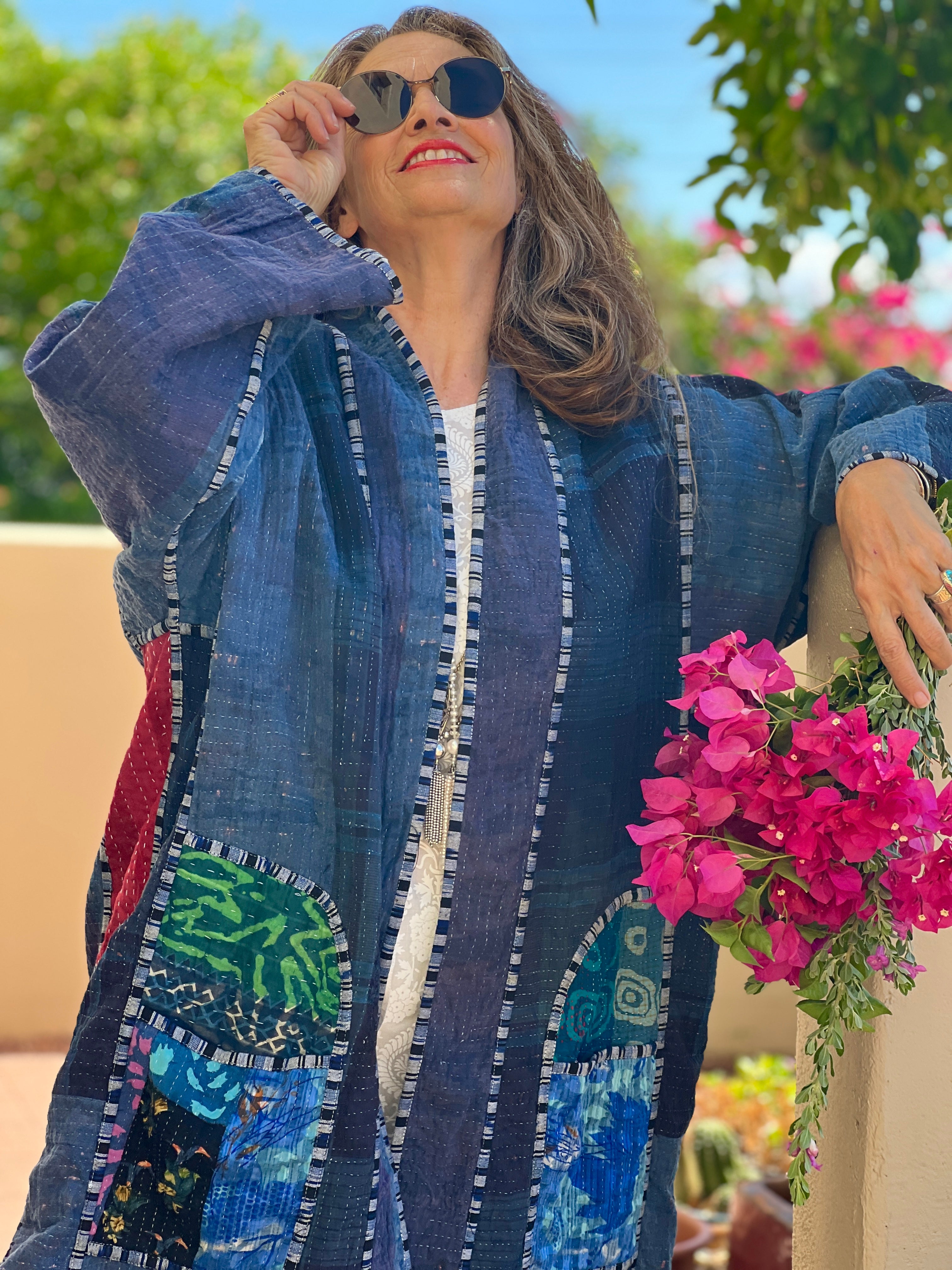 Bhumi Indigo Cotton Vintage Quilted Kantha Coat ONE OF KIND