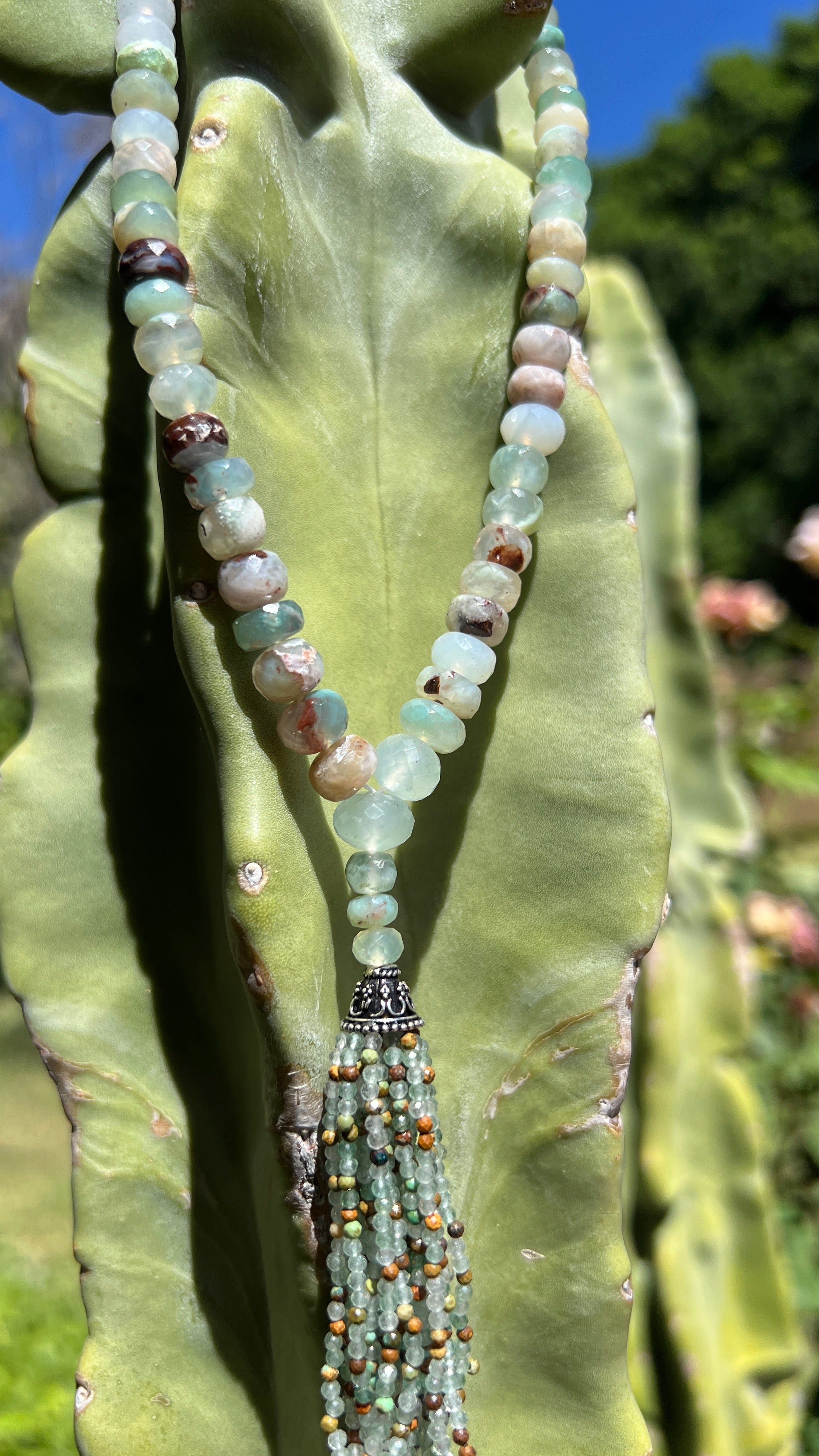 Faceted Aqua Chalcedony Tassel Mini Mala Necklace