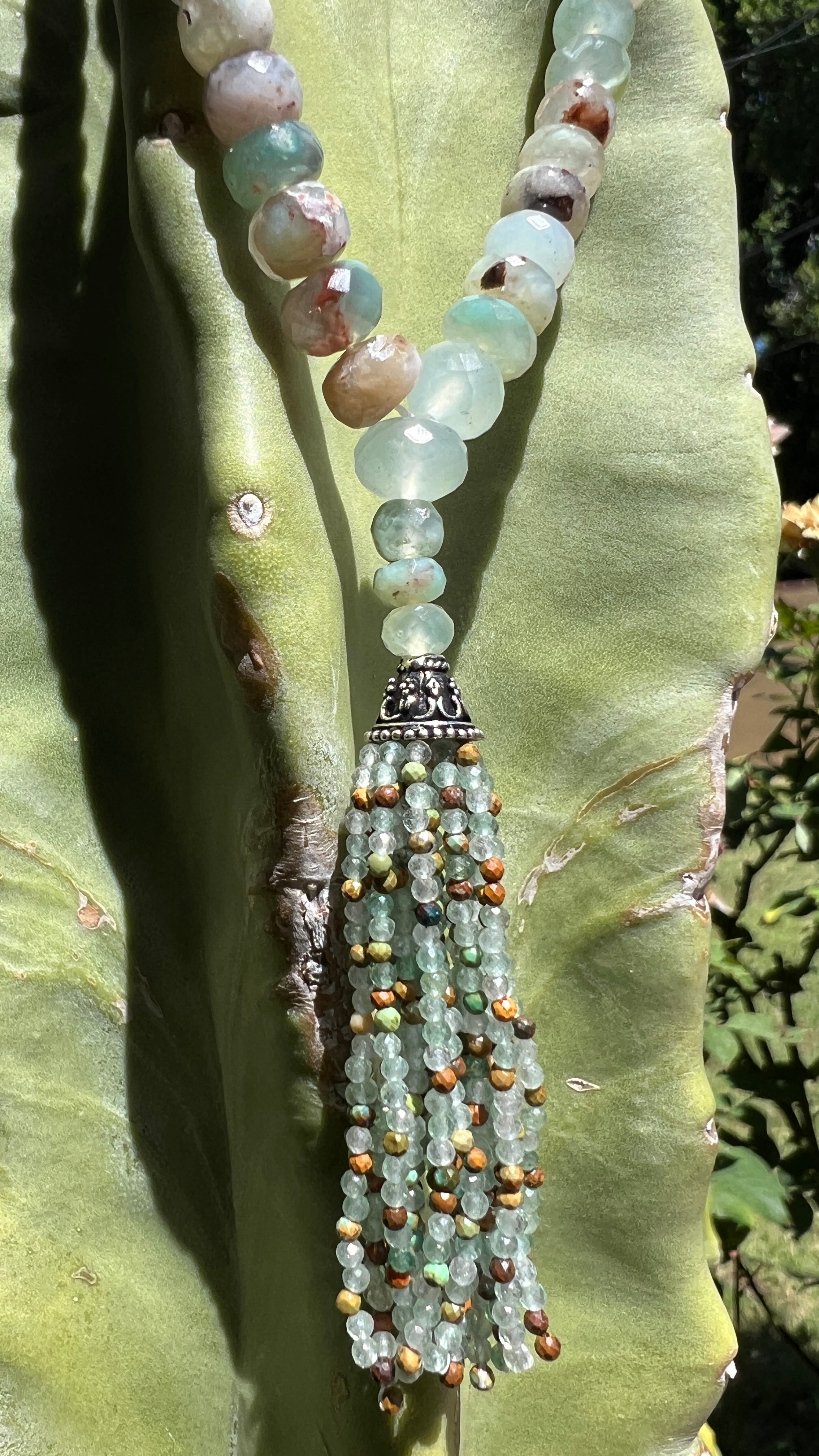 Faceted Aqua Chalcedony Tassel Mini Mala Necklace