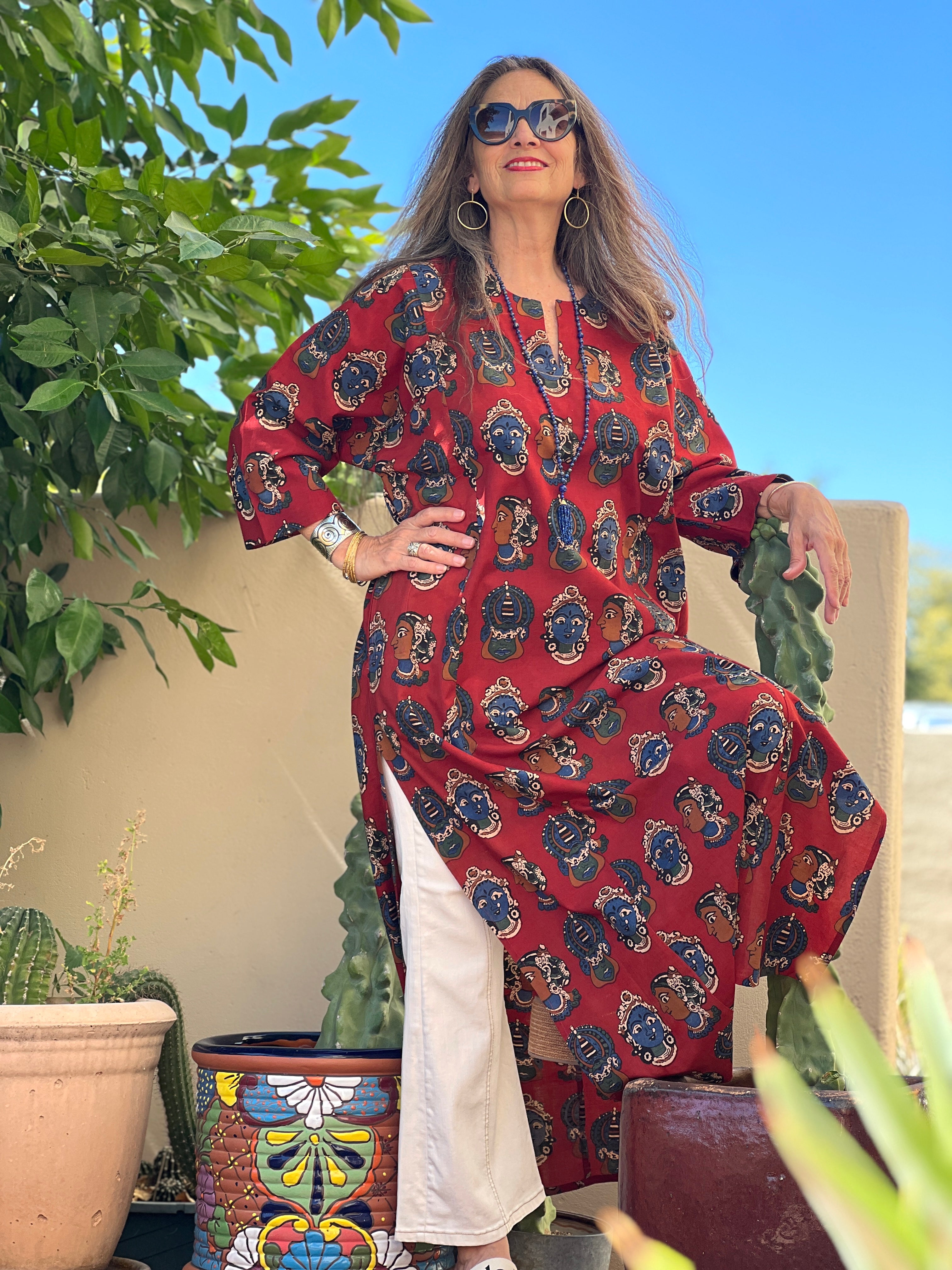 Red Goddess Ammavari Long Cotton Tunic Dress