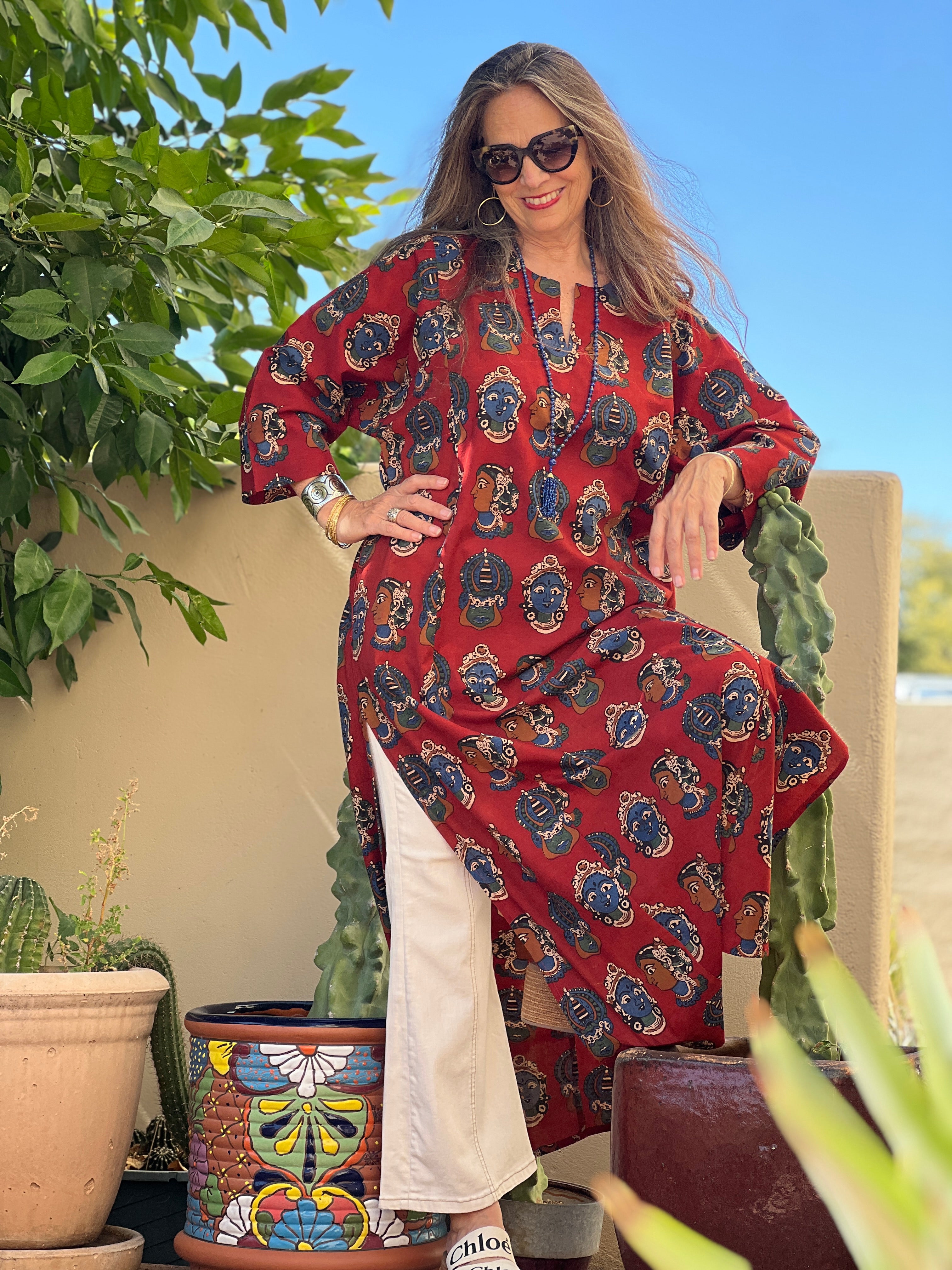 Red Goddess Ammavari Long Cotton Tunic Dress