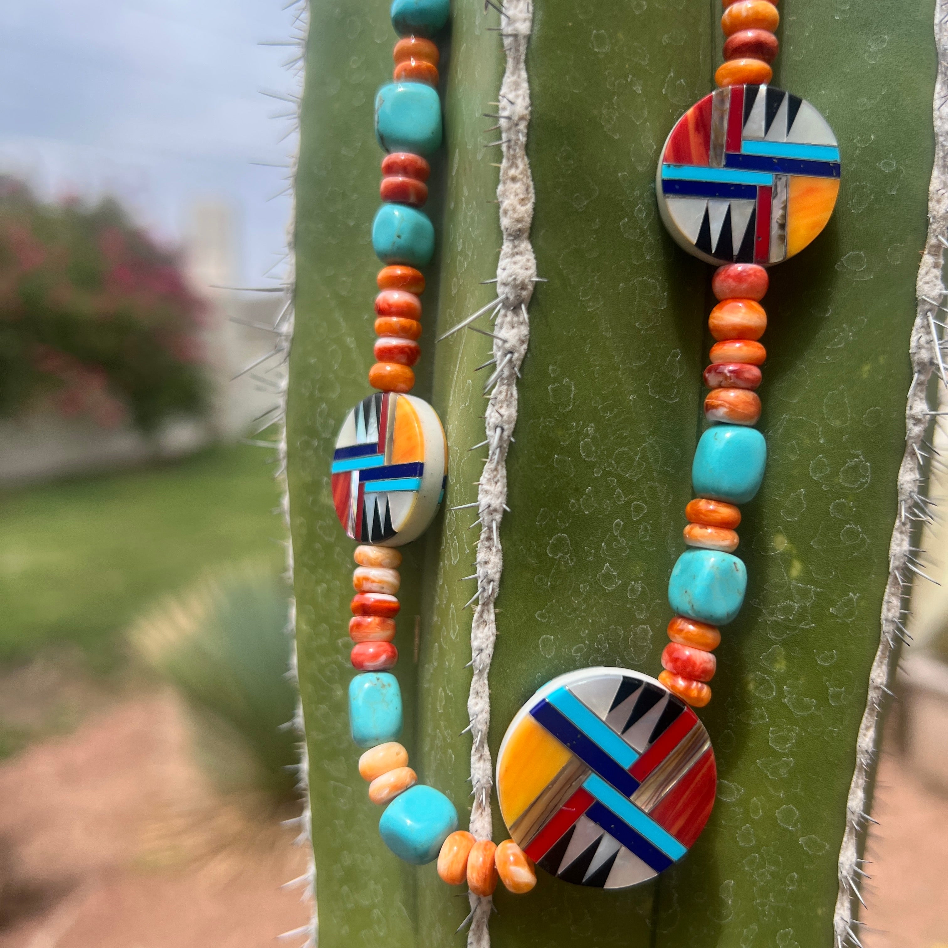Santo Domingo Inlay Turquoise, Spiny Oyster, and Heishi Necklace