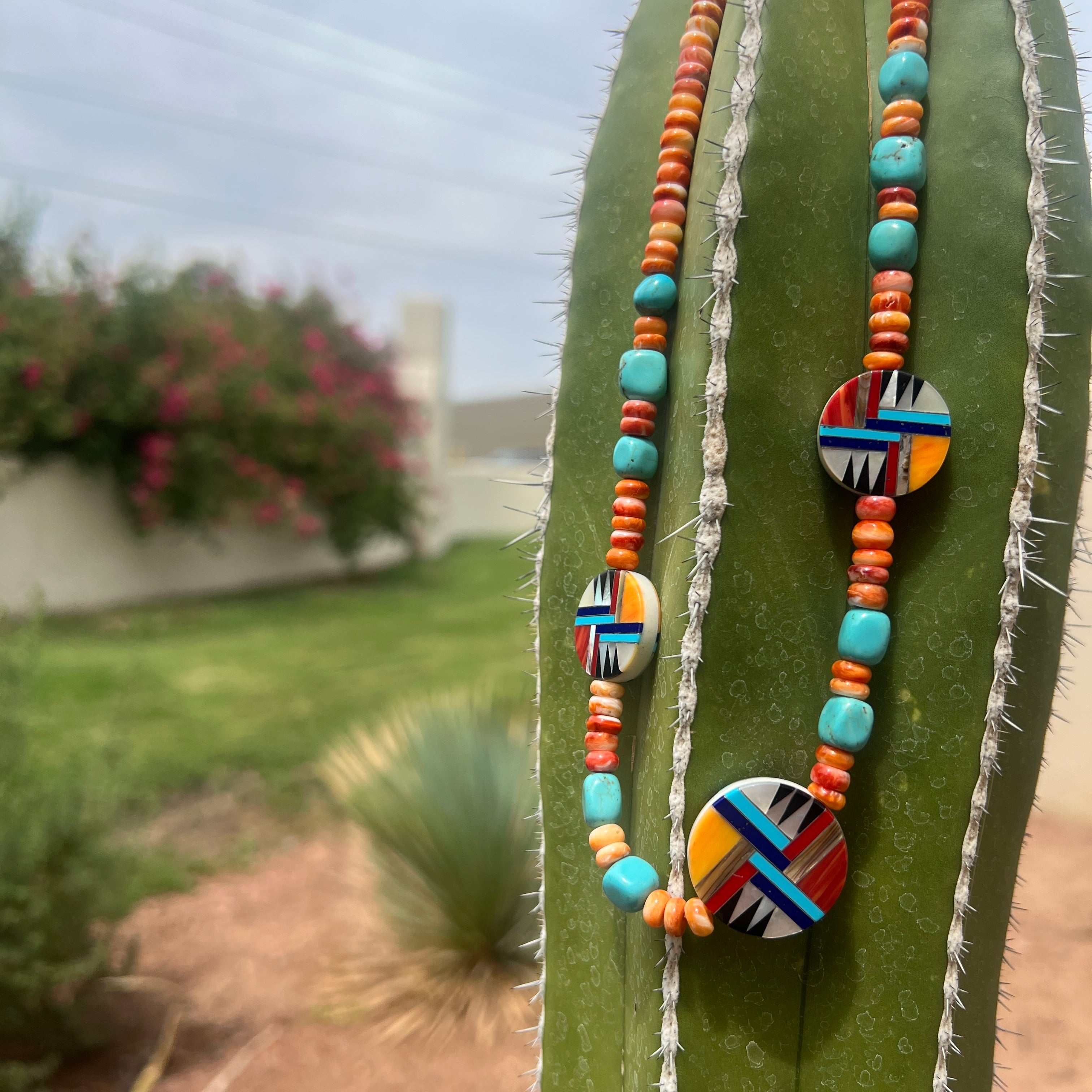 Santo Domingo Inlay Turquoise, Spiny Oyster, and Heishi Necklace