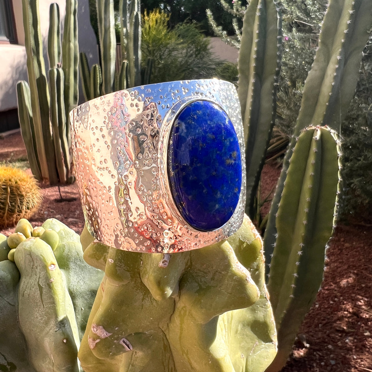 Hammered Silver and Natural Lapis Cuff Bracelet