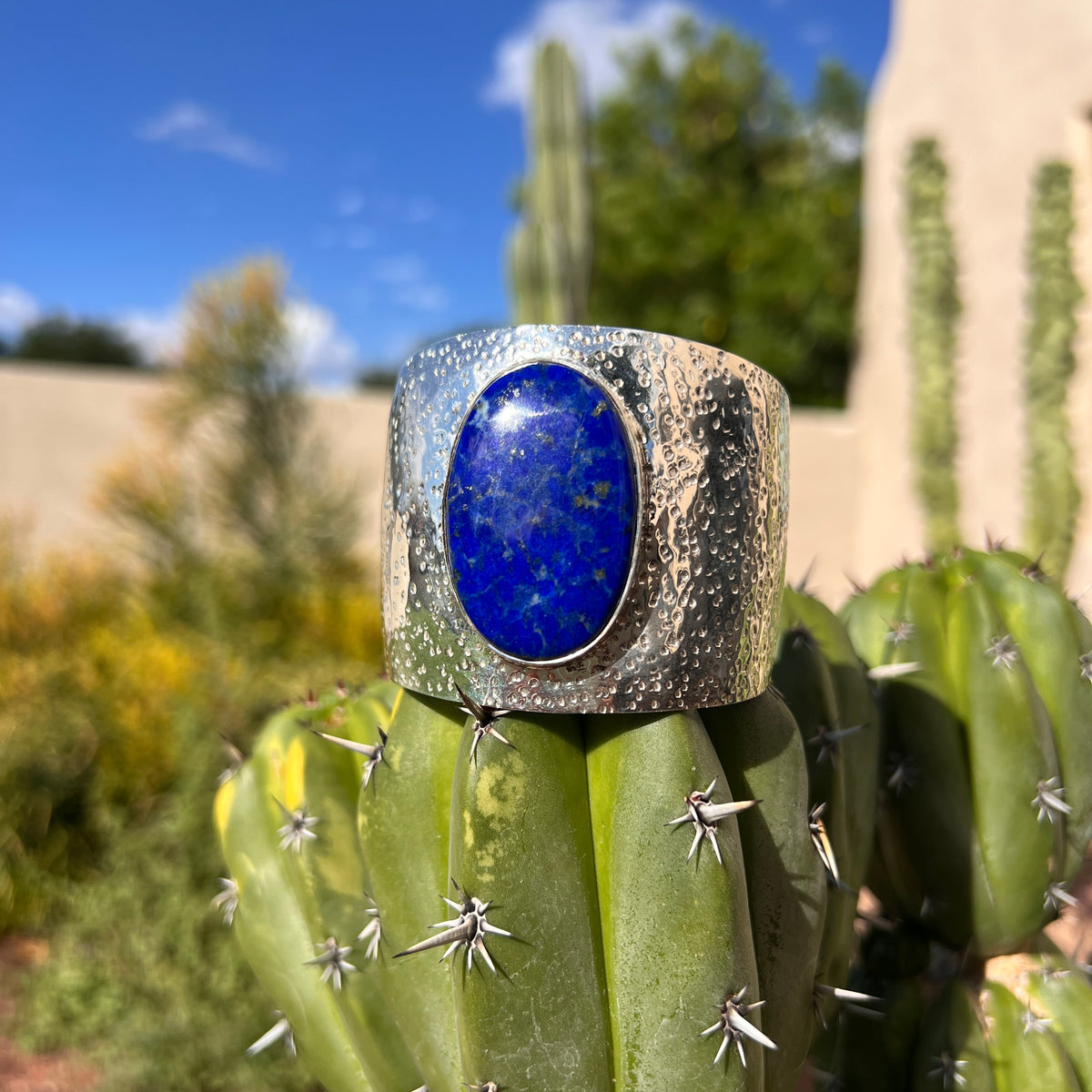 Hammered Silver and Natural Lapis Cuff Bracelet