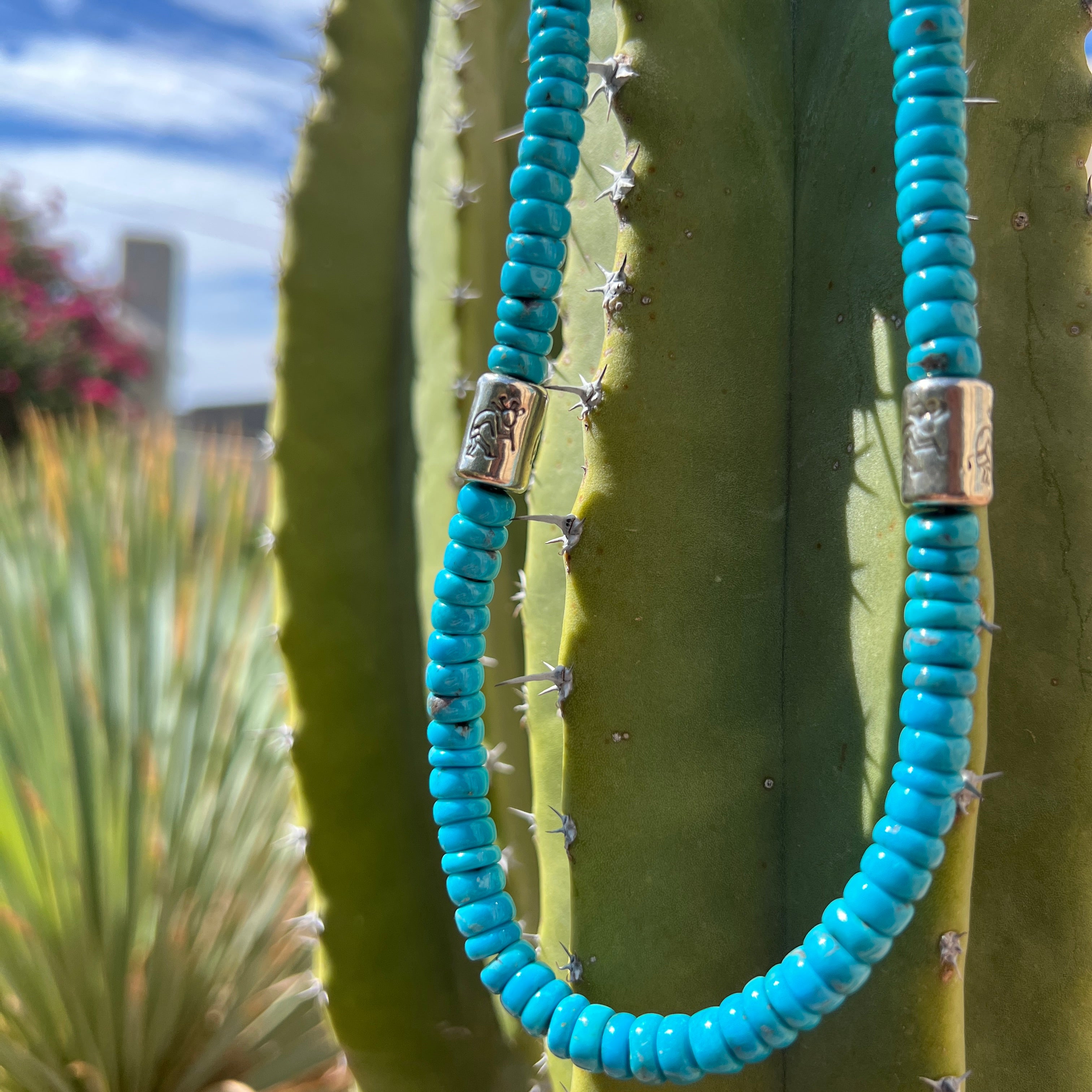 Rare Sleeping Beauty Turquoise and Heishi with Silver Kokopelli Necklace Santo Domingo