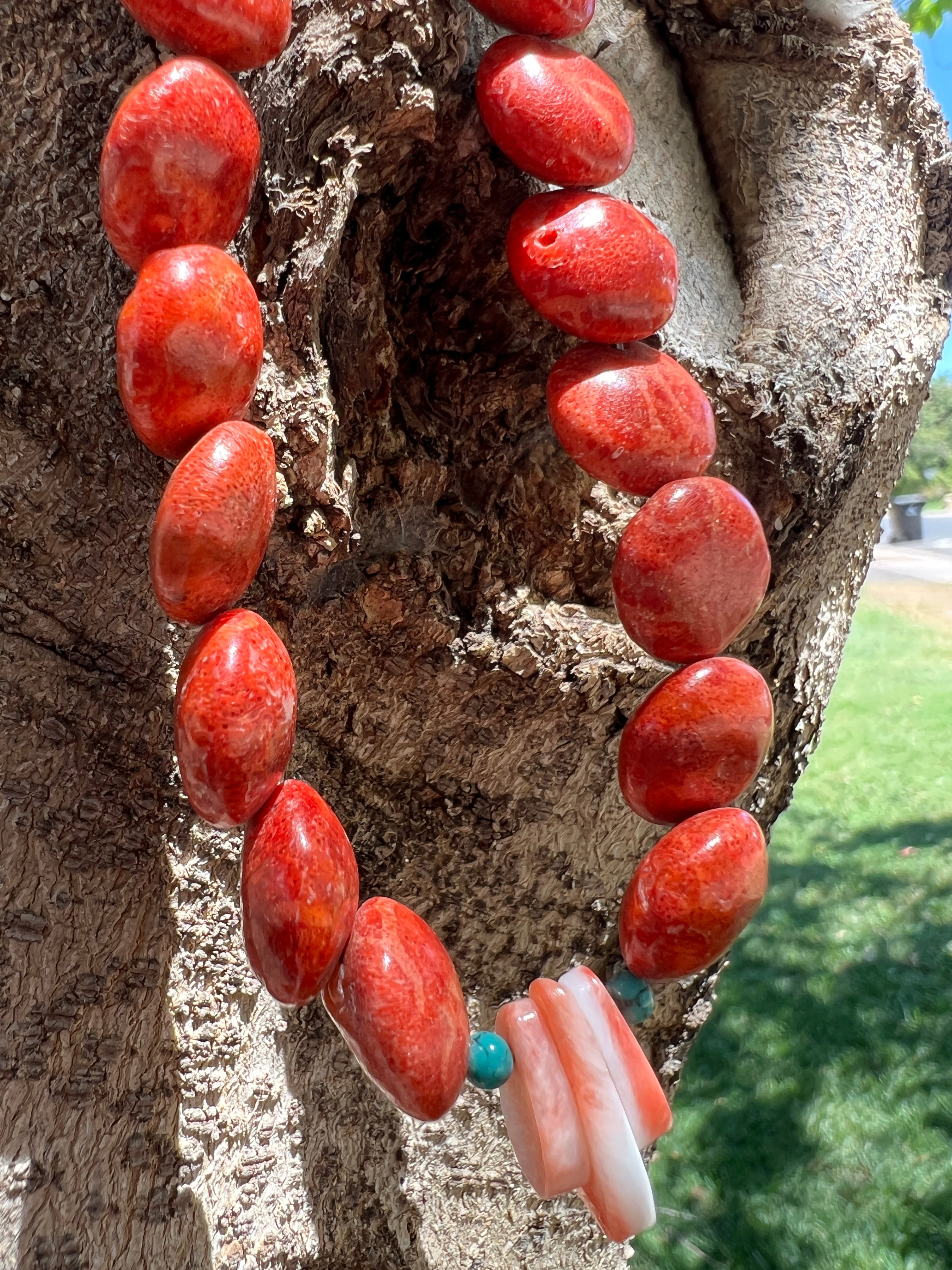 Apple Coral and Spiny Oyster Disc Necklace Santo Domingo