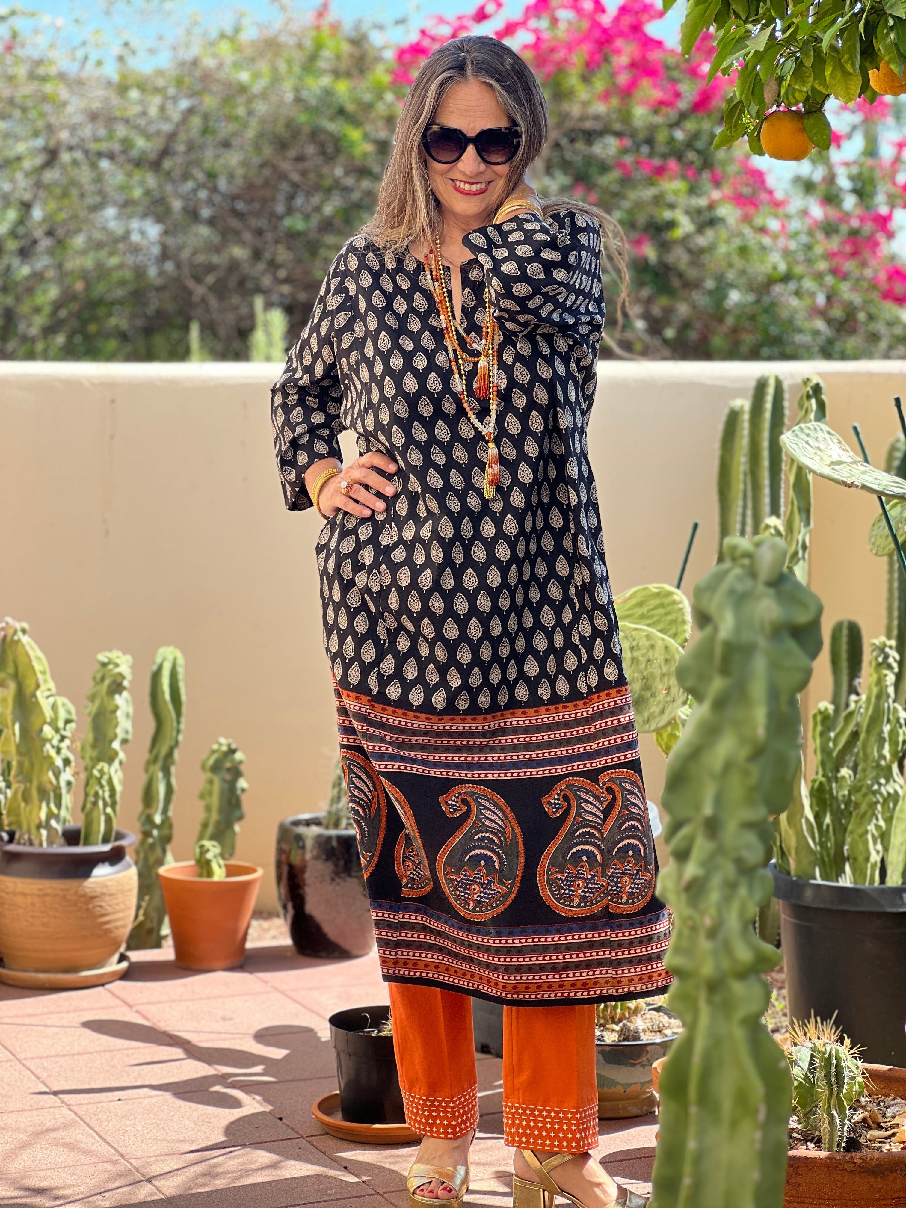 Black Pompeii Paisley Block Printed Tunic Dress