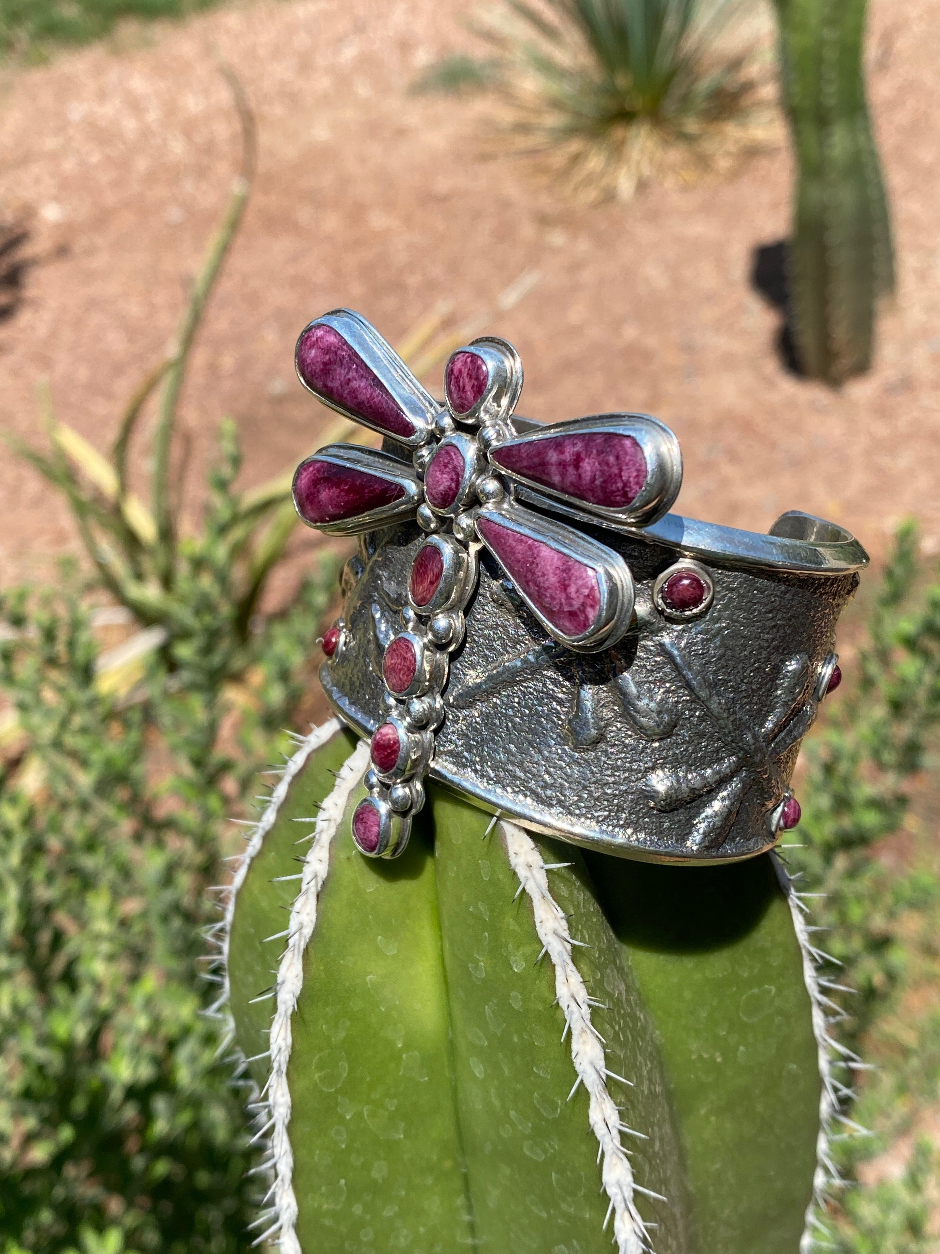 Navajo Silver Dragonfly Purple Spiny Oyster Tufa Cast Cuff