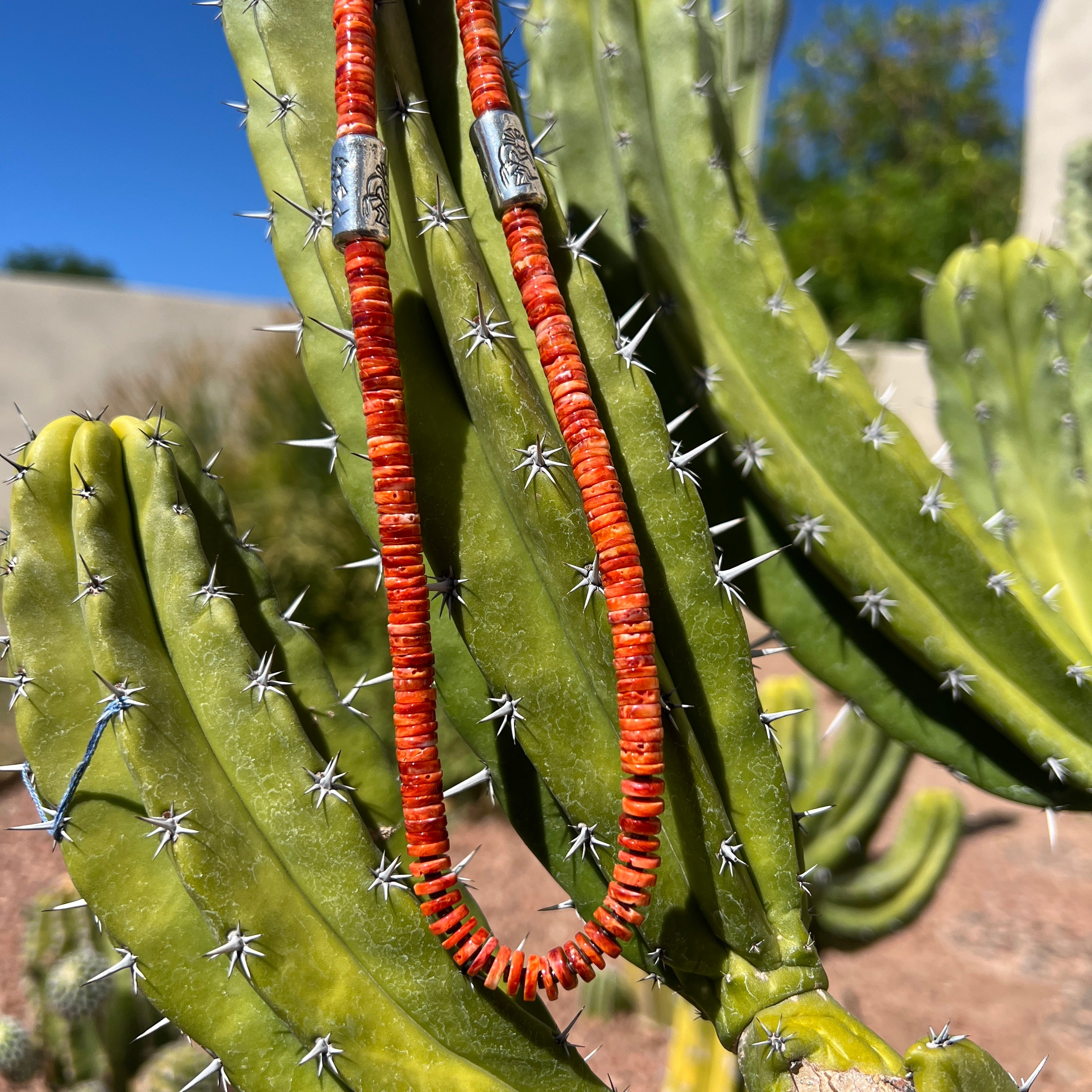 Rare Red and Orange Spiny Oyster and Kingman Turquoise Santo Domingo Necklace with Silver Kokopellis