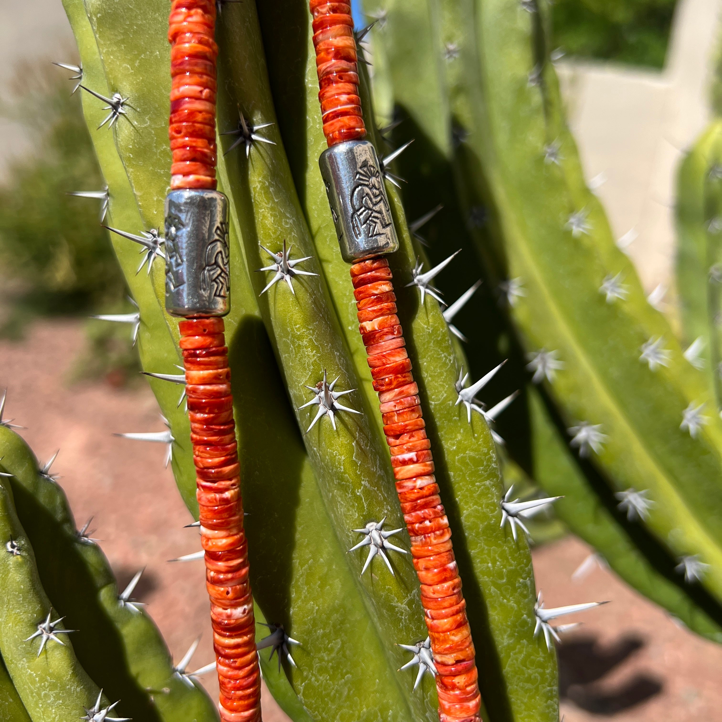 Rare Red and Orange Spiny Oyster and Kingman Turquoise Santo Domingo Necklace with Silver Kokopellis