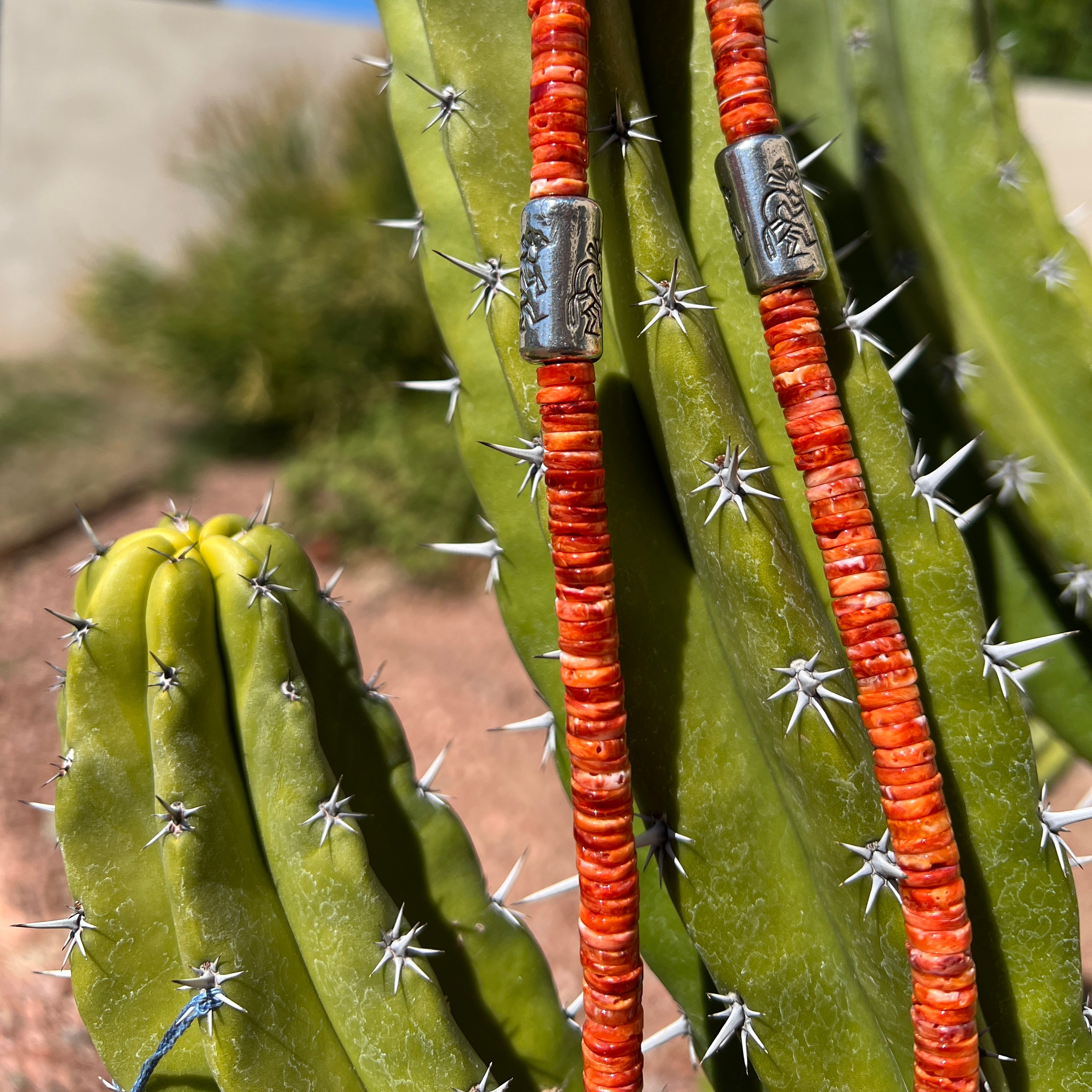 Rare Red and Orange Spiny Oyster and Kingman Turquoise Santo Domingo Necklace with Silver Kokopellis