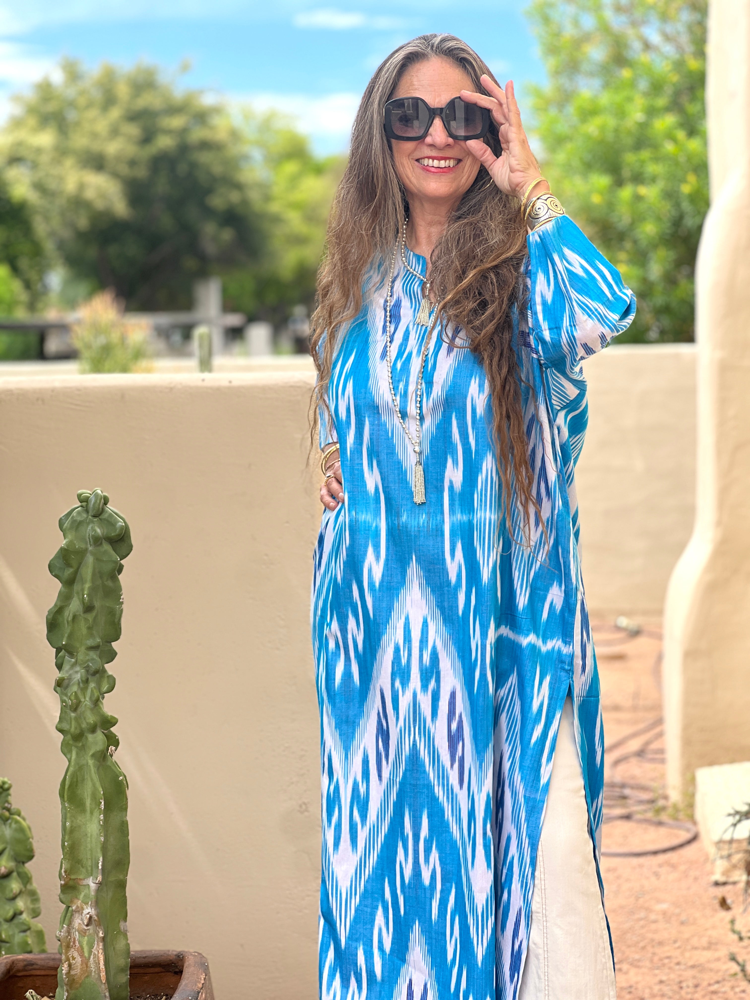 Termez Turquoise Cotton Ikat Long Tunic Dress One of a Kind