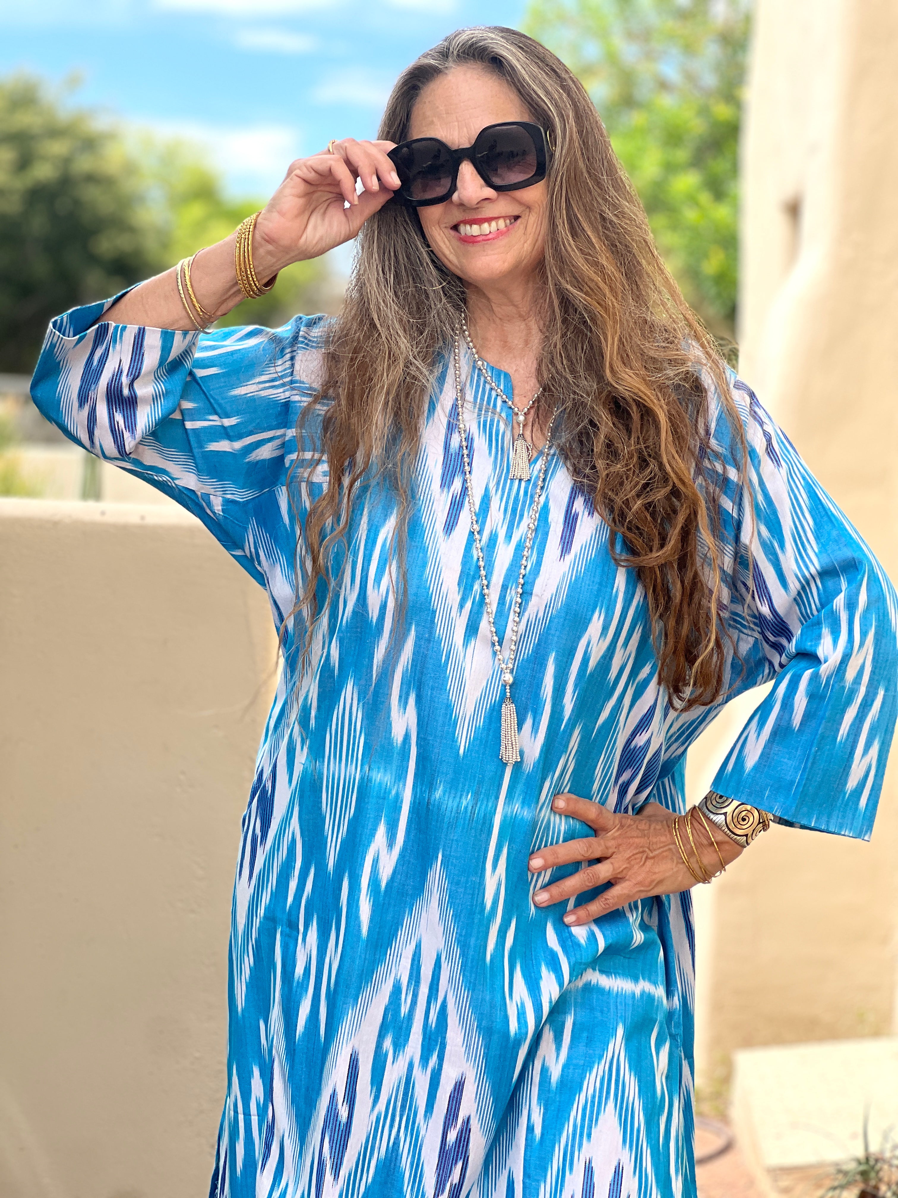 Termez Turquoise Cotton Ikat Long Tunic Dress One of a Kind