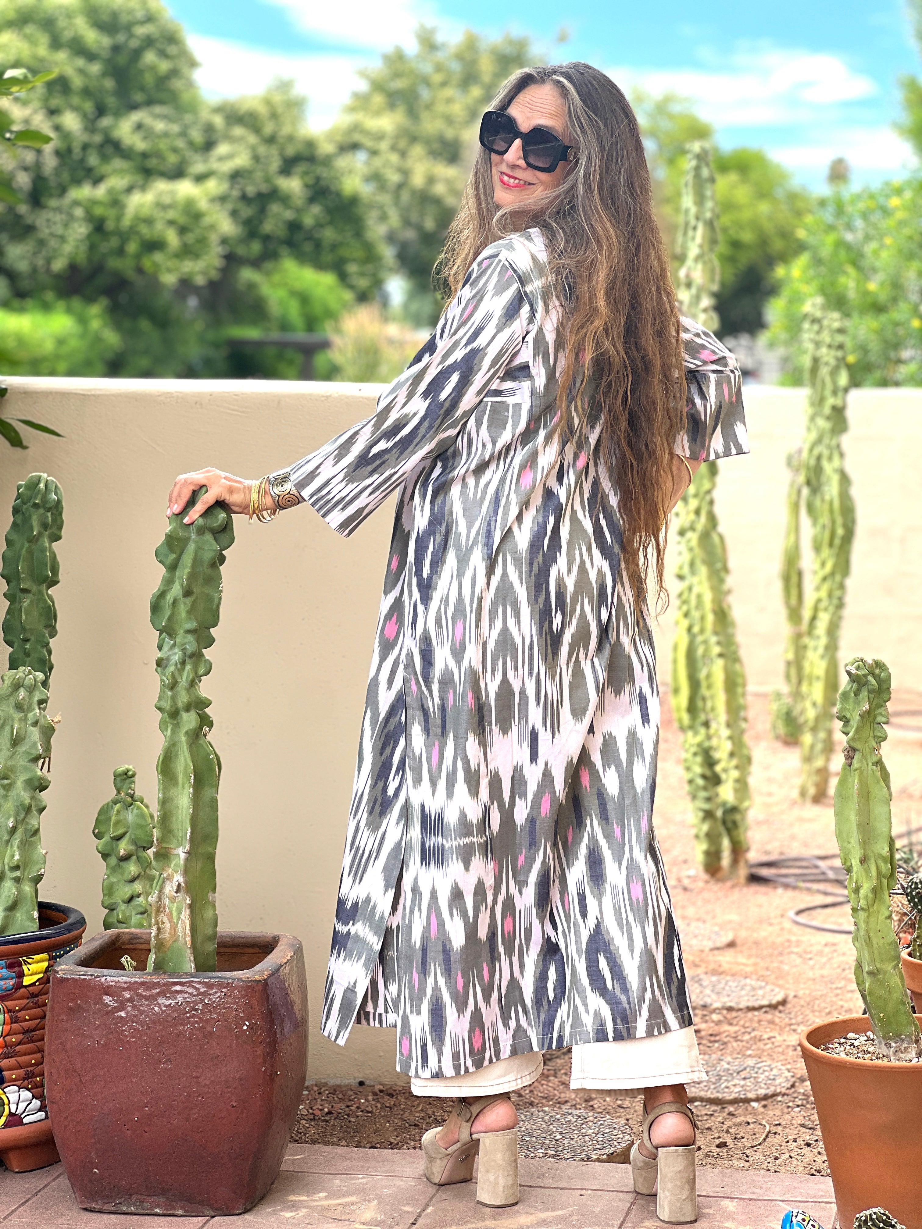 Chirchiq Grey and Pink Long Cotton Ikat tunic One of a Kind
