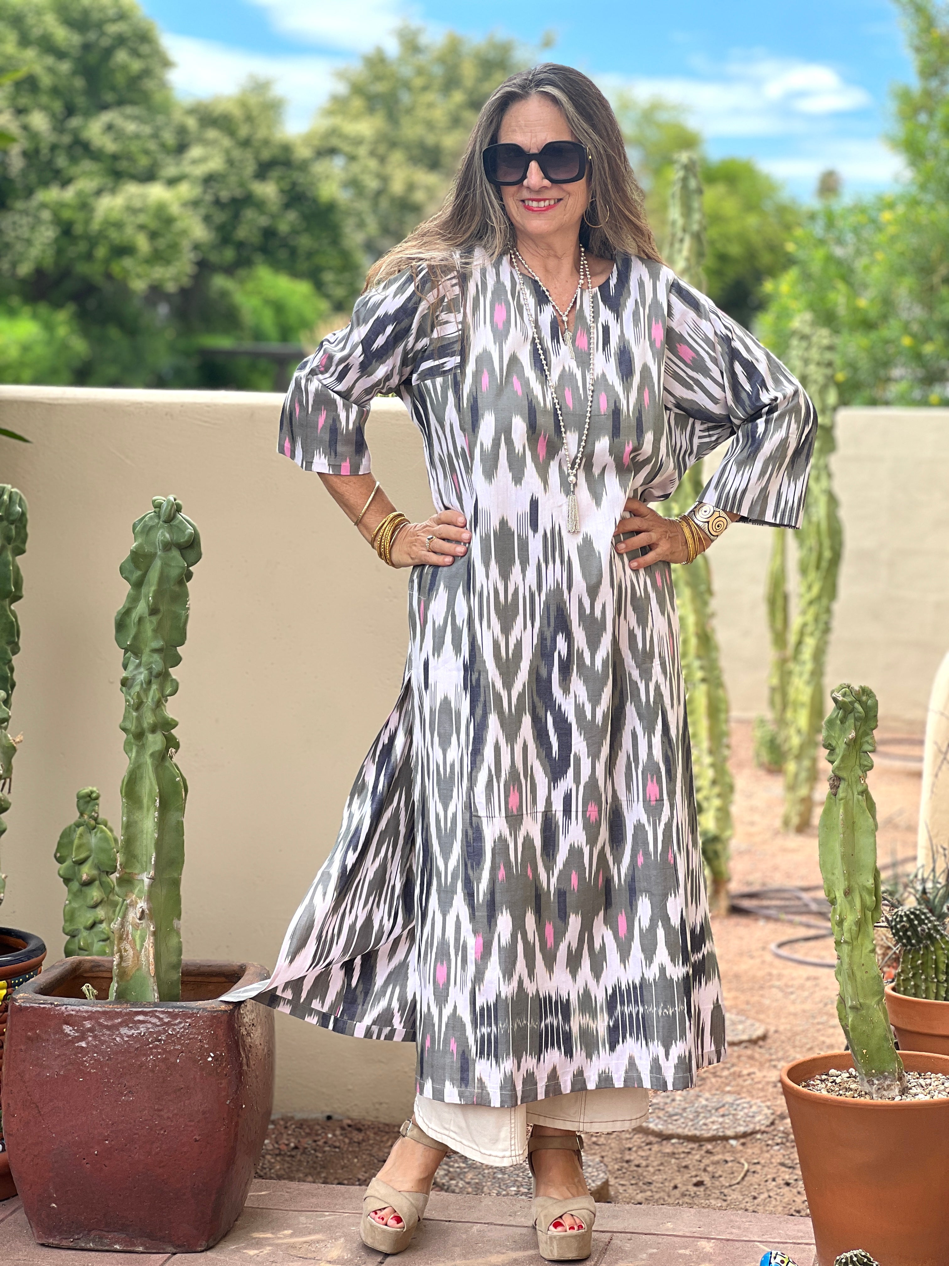 Chirchiq Grey and Pink Long Cotton Ikat tunic One of a Kind