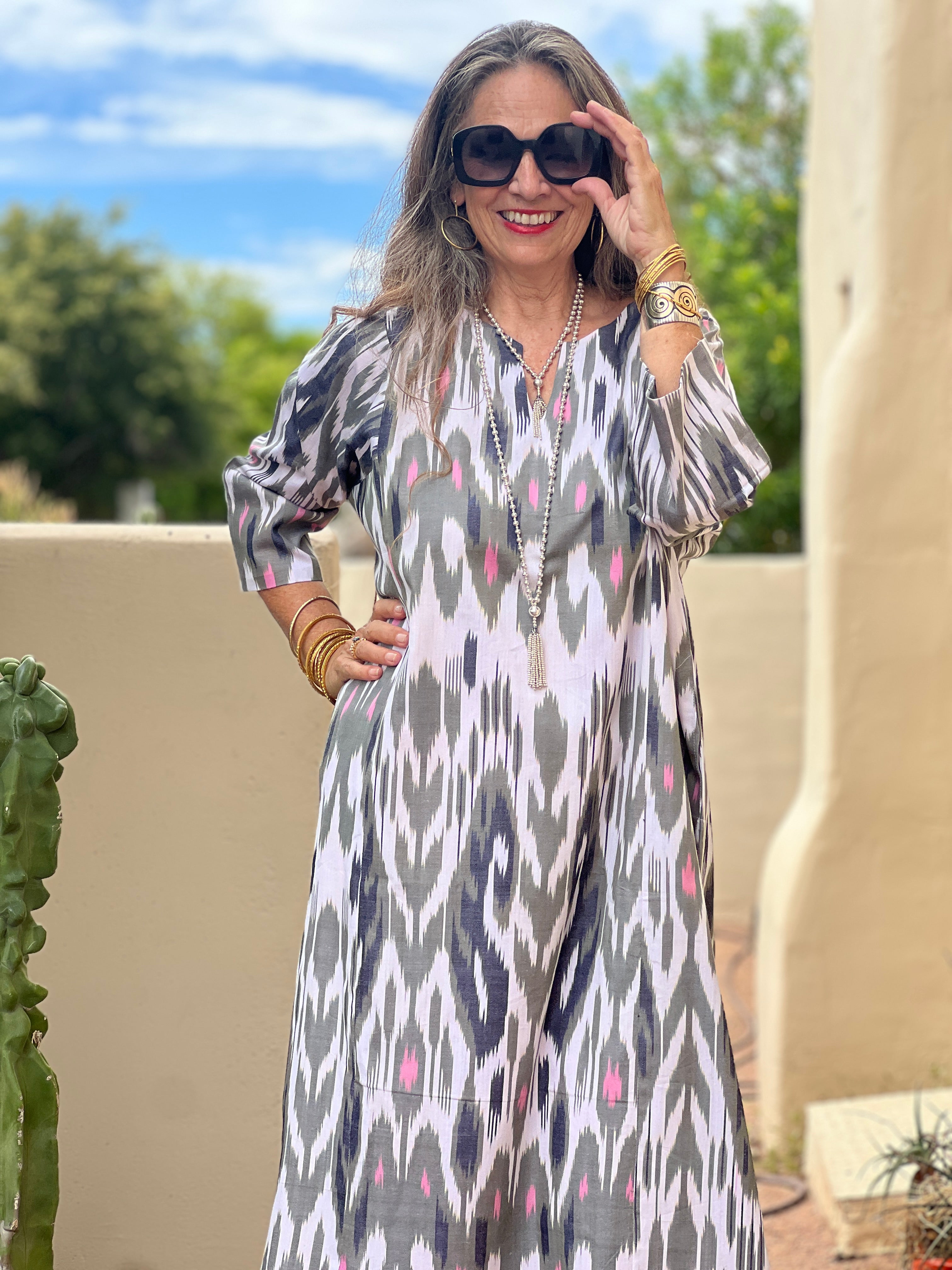 Chirchiq Grey and Pink Long Cotton Ikat tunic One of a Kind