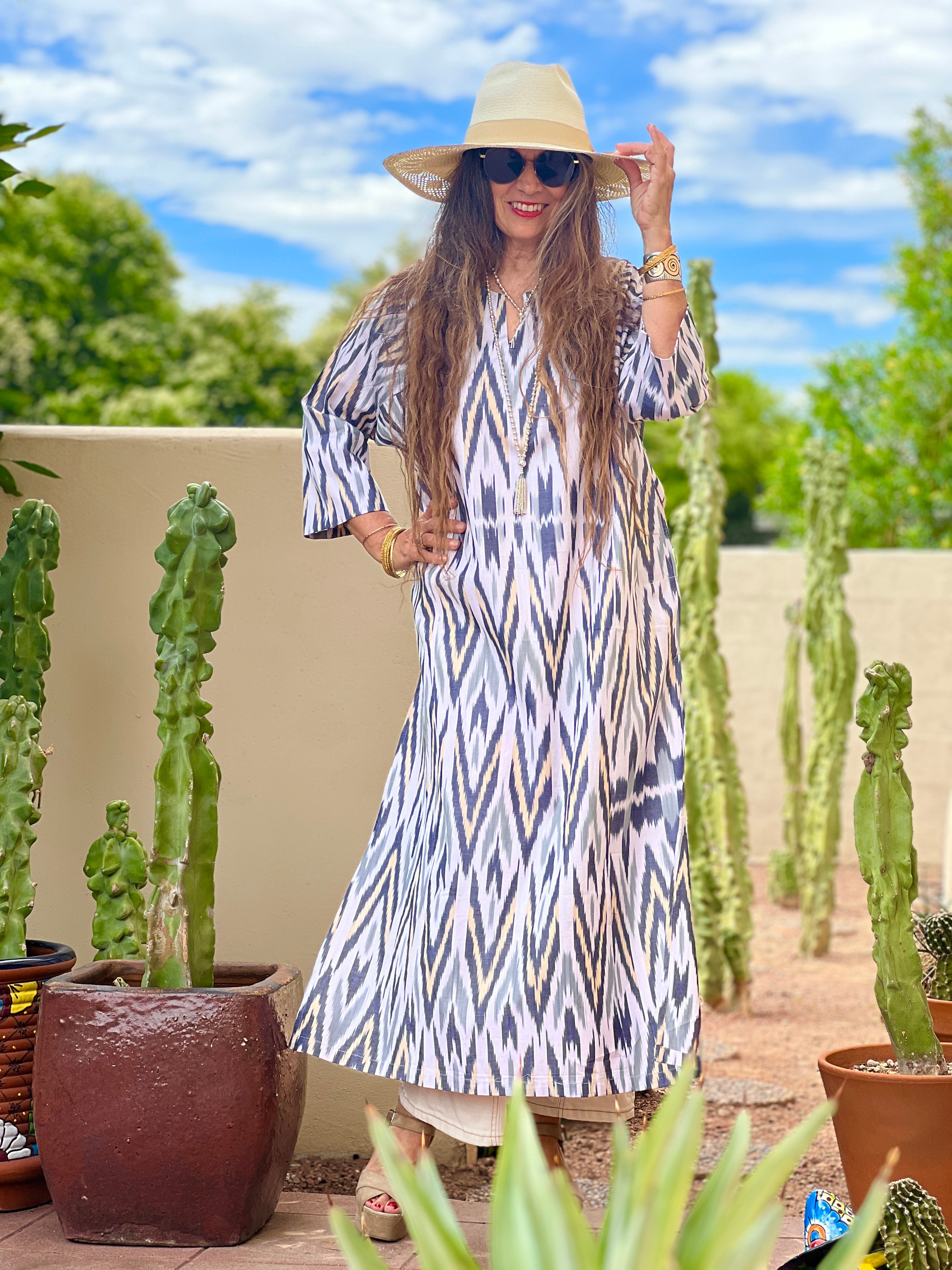 Olmaliq Grey and Pale Yellow Long Cotton Ikat Tunic Dress Handwoven Limited Edition