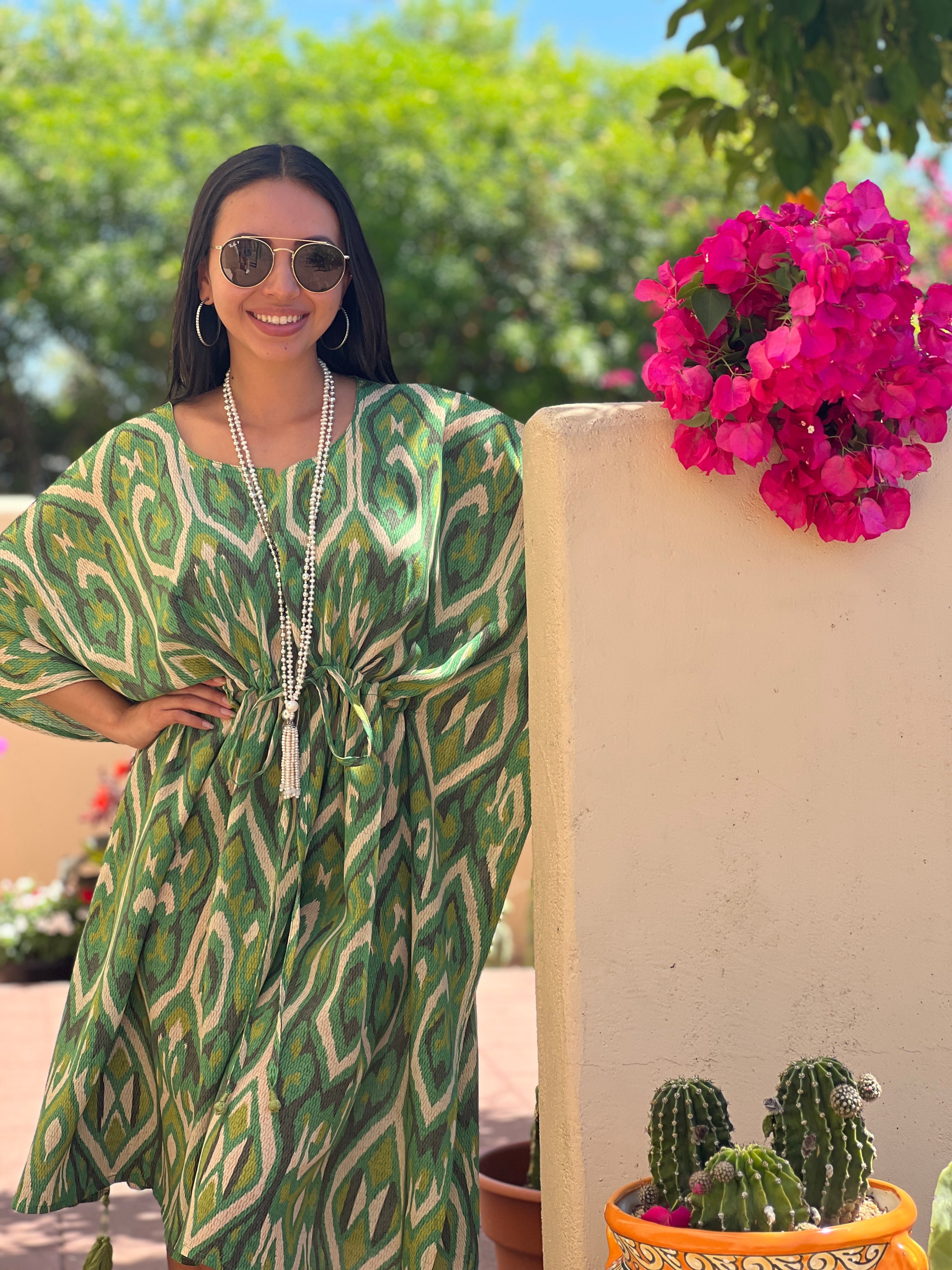 Gallipoli Green Ikat Italian Silk Midi Kaftan