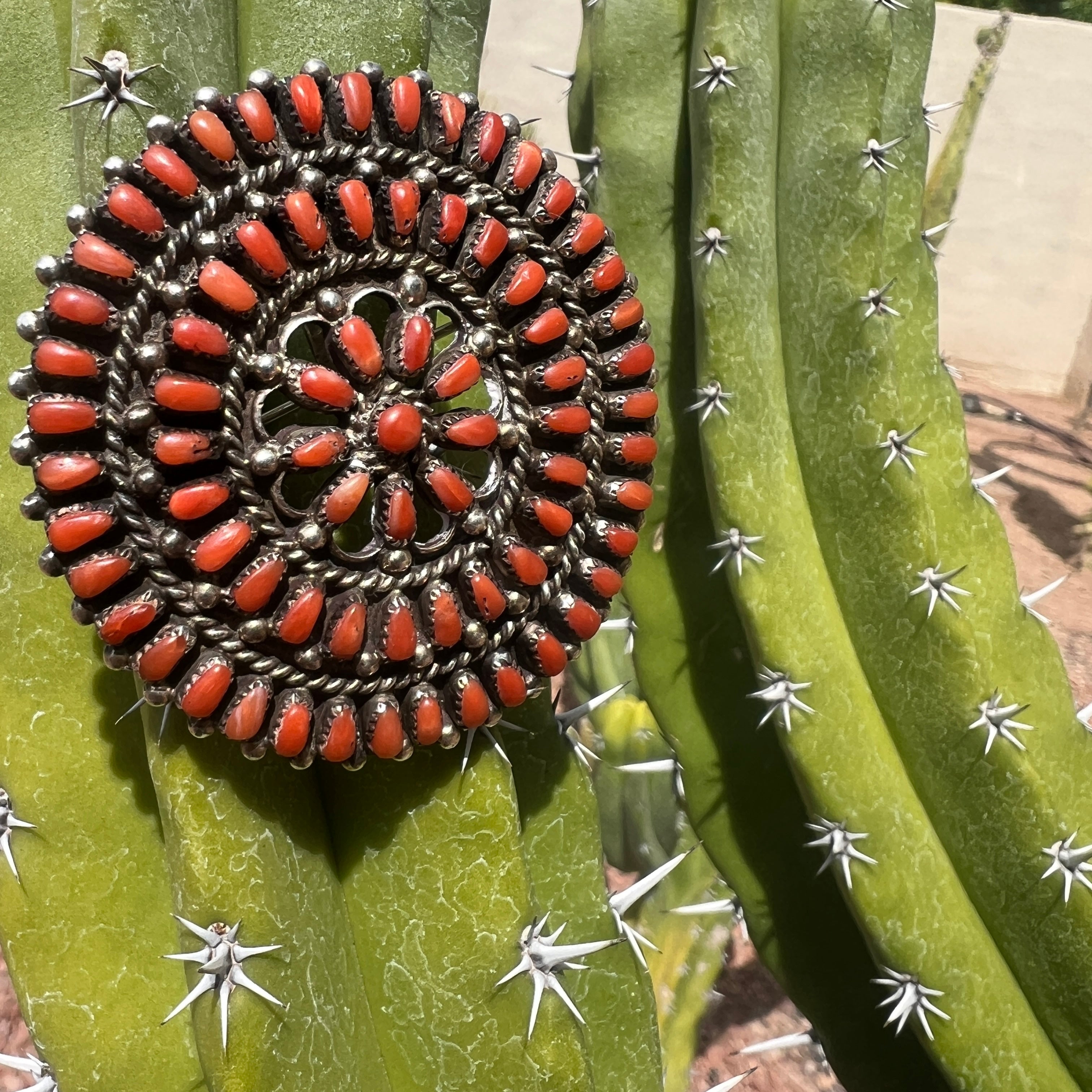Rare Vintage Zuni Coral Petit Point and Sterling Sliver Pendant Necklace