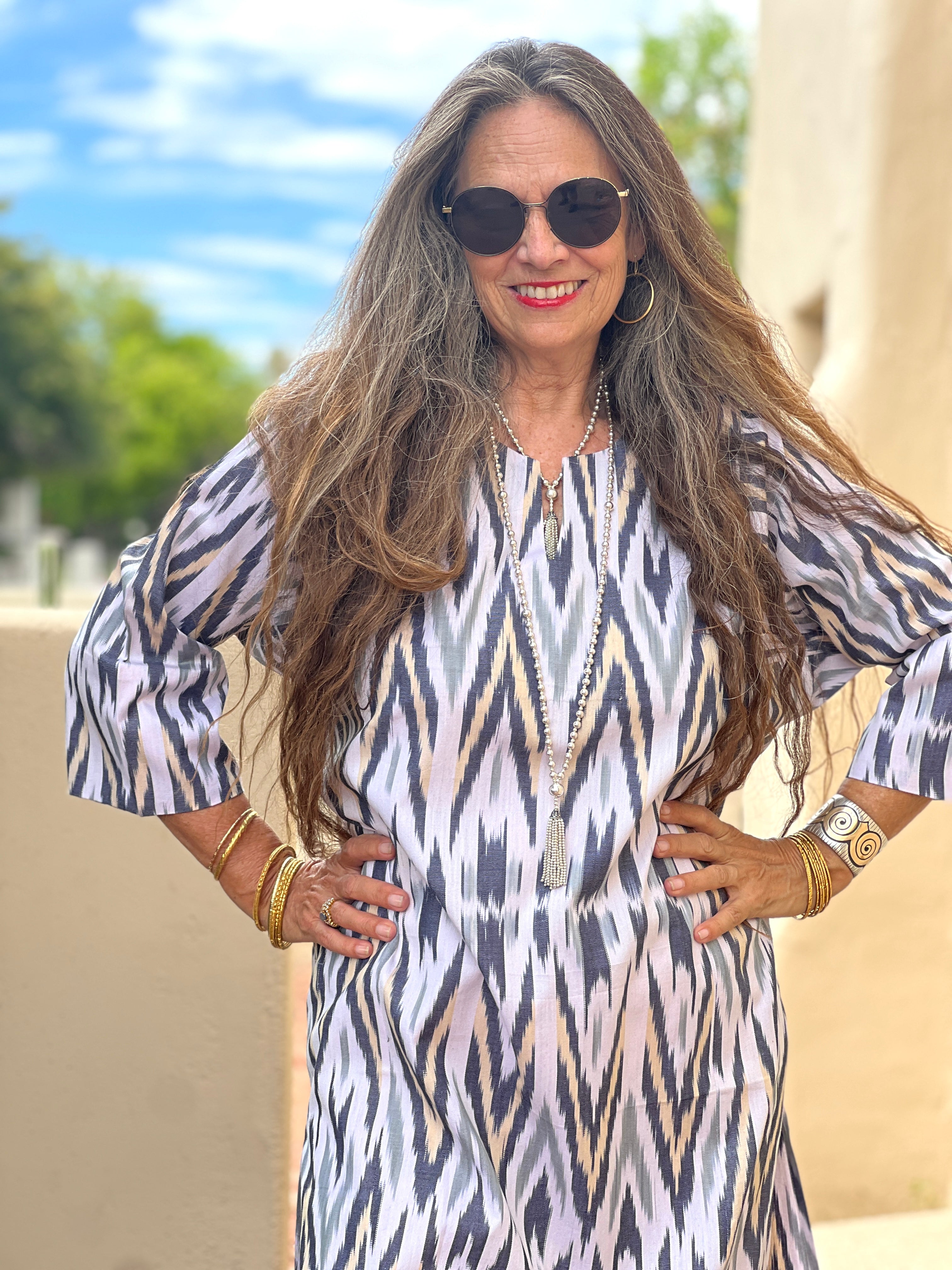 Olmaliq Grey and Pale Yellow Long Cotton Ikat Tunic Dress Handwoven Limited Edition