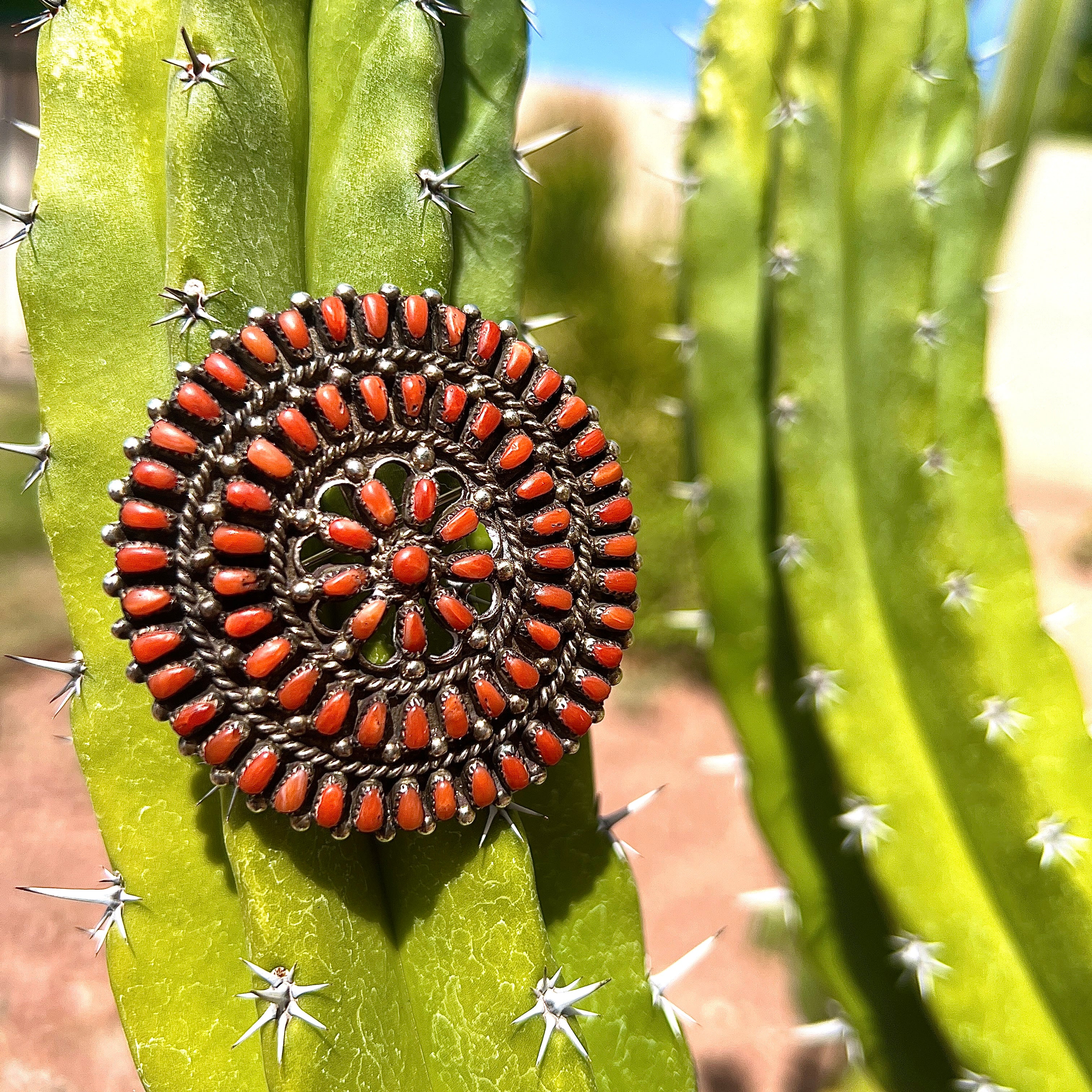 Rare Vintage Zuni Coral Petit Point and Sterling Sliver Pendant Necklace