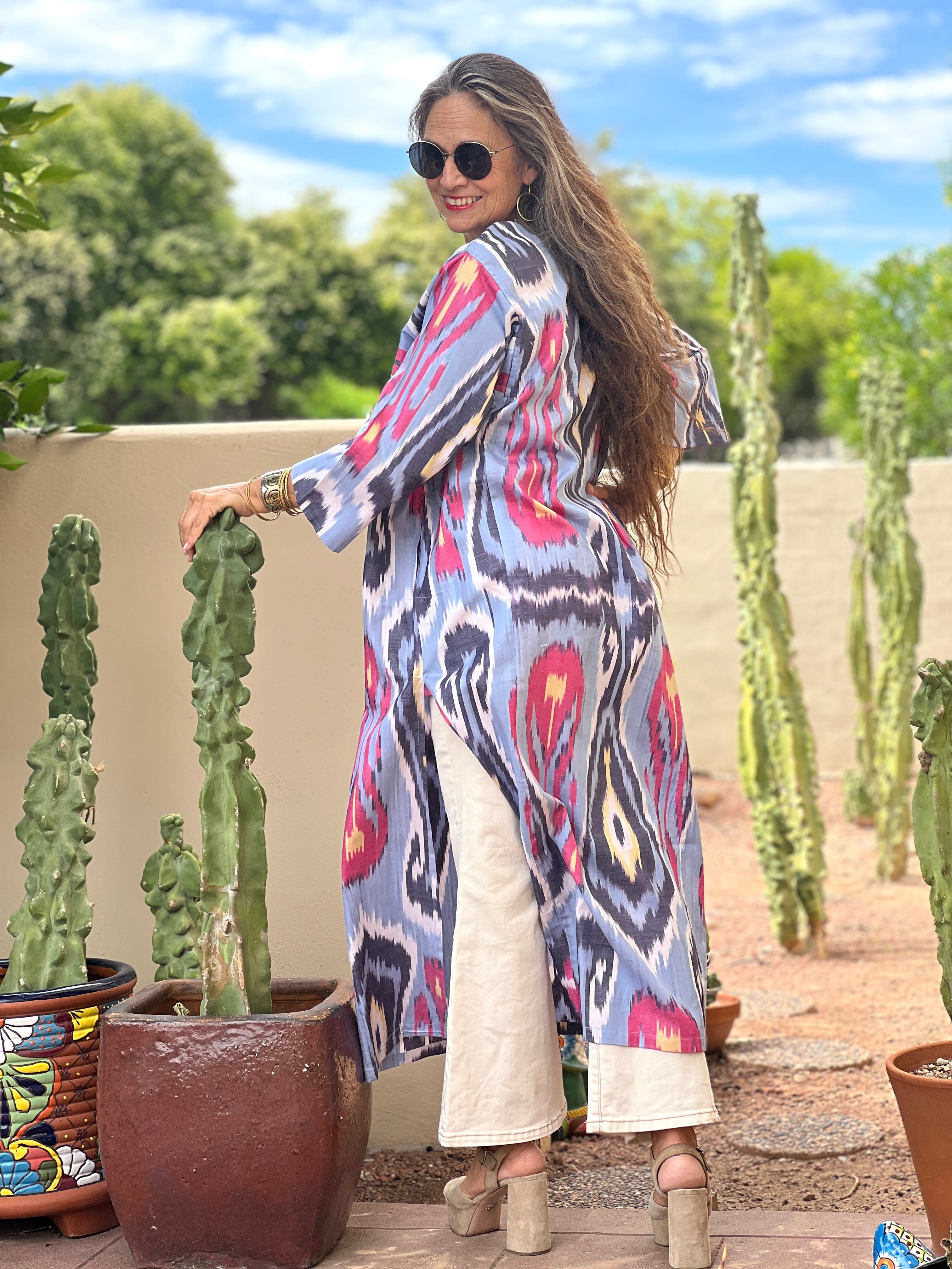 Andijan Pink and Azzurro Ikat Long Cotton Tunic Only One Available